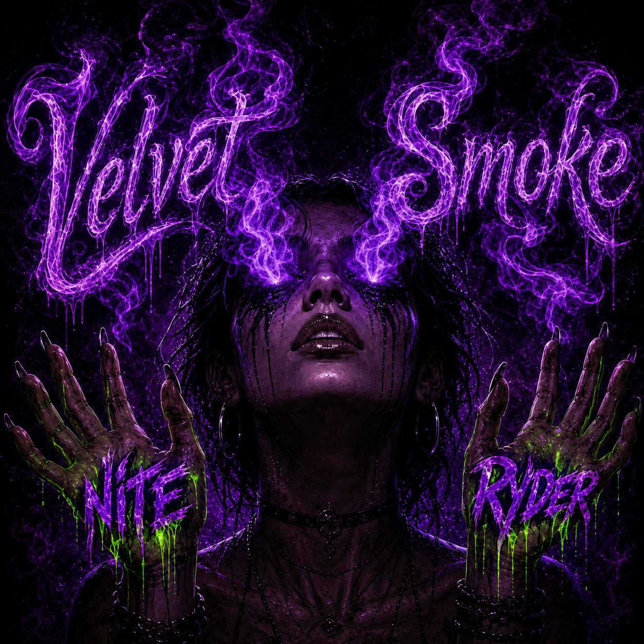 A woman with dark makeup and tattoos, holding her hands up with the words "Nite" and "Rider" written in purple and green smoke above her head, with the words "Believe" and "Smoke" written in purple smoke.