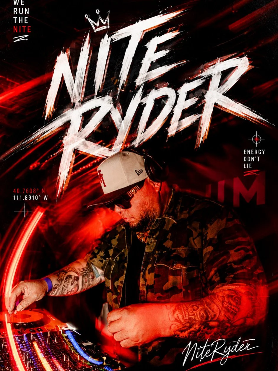 A DJ wearing a camouflage jacket, cap, and headphones, mixing music at a neon-lit club with dynamic red and black lighting. Text on the poster includes "Nite Ryder" with a small crown above the letter "N," the phrase "We run the nite," and "Energy don't lie." Coordinates 40.7608°N, 111.8910°W are displayed.