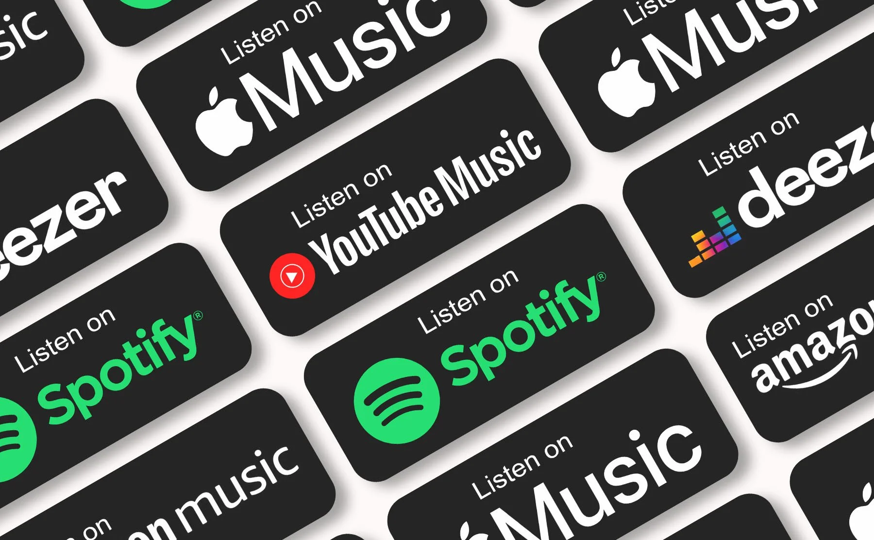 Collection of app store badges for music streaming services including Spotify, Apple Music, YouTube Music, Deezer, Amazon Music, and Spotify, all featuring their logos and text inviting users to listen on each platform.