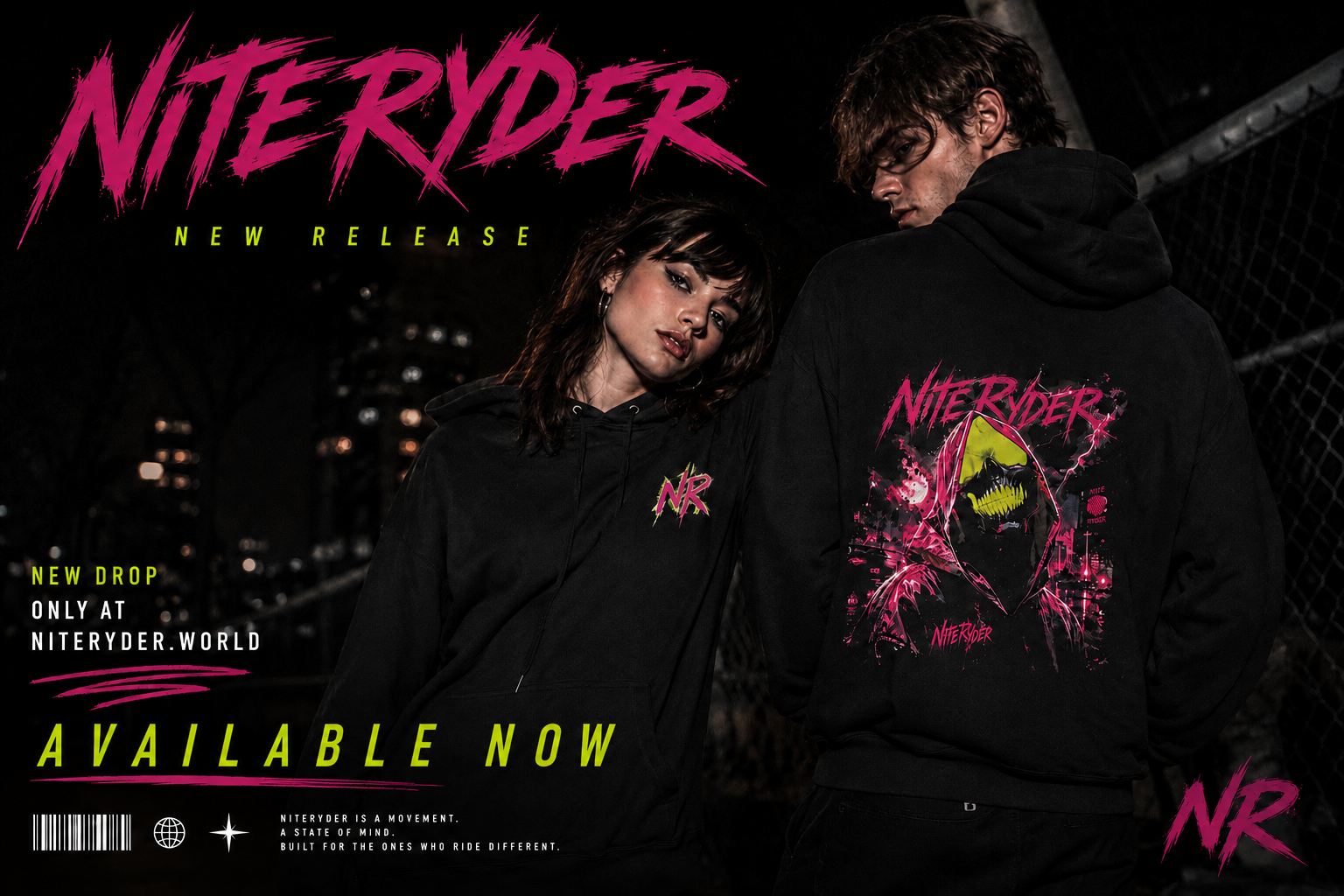 Advertisement for Niteryder clothing featuring two young models wearing black hoodies with neon pink and yellow graphics, in an urban night setting.