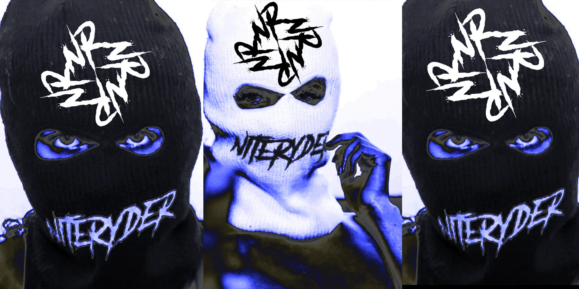 Three individuals wearing ski masks with stylized text and blue eye designs, with one person in the middle pulling their mask down, revealing their face.