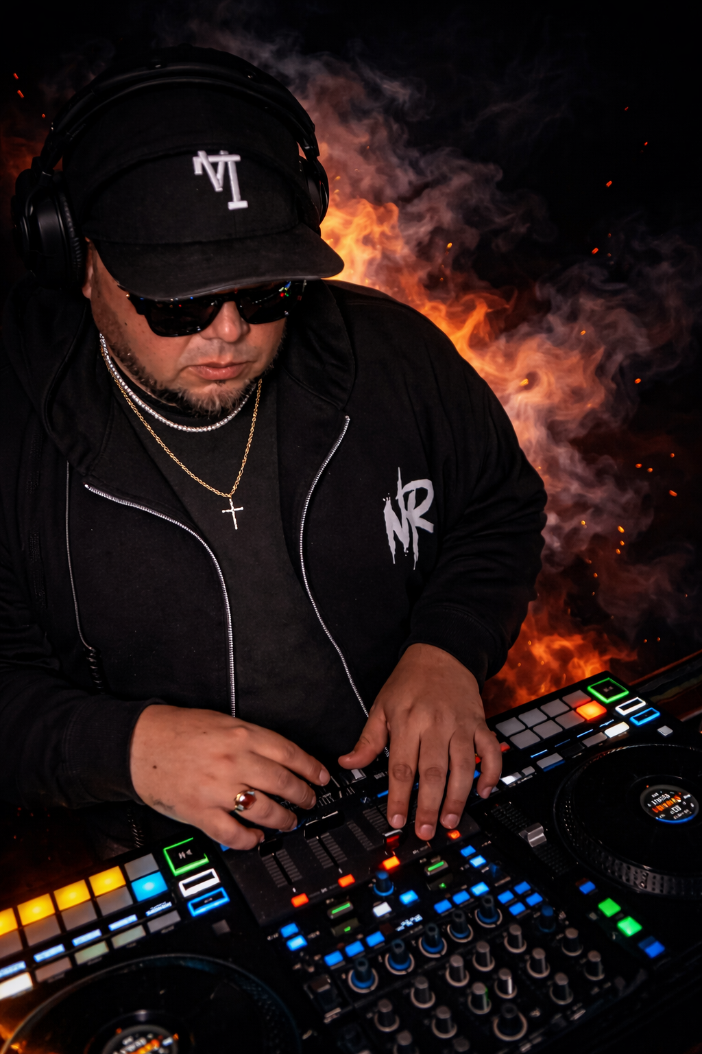 DJ wearing sunglasses, black cap, black hoodie, and gold cross necklace, operating DJ equipment with colorful lights, fire and smoke in the background.