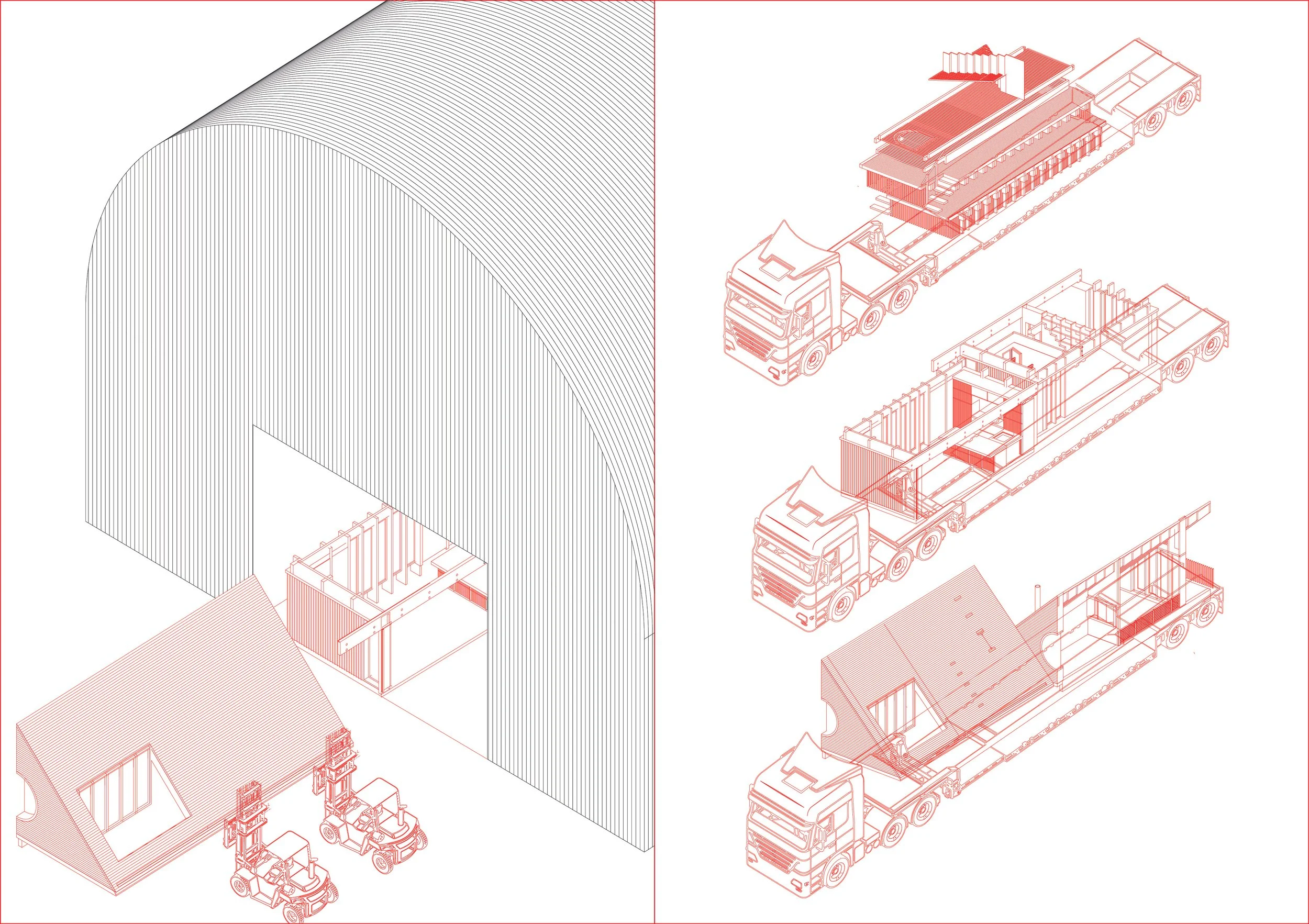 Designed for prefabrication and transportation on 3 semi-trucks