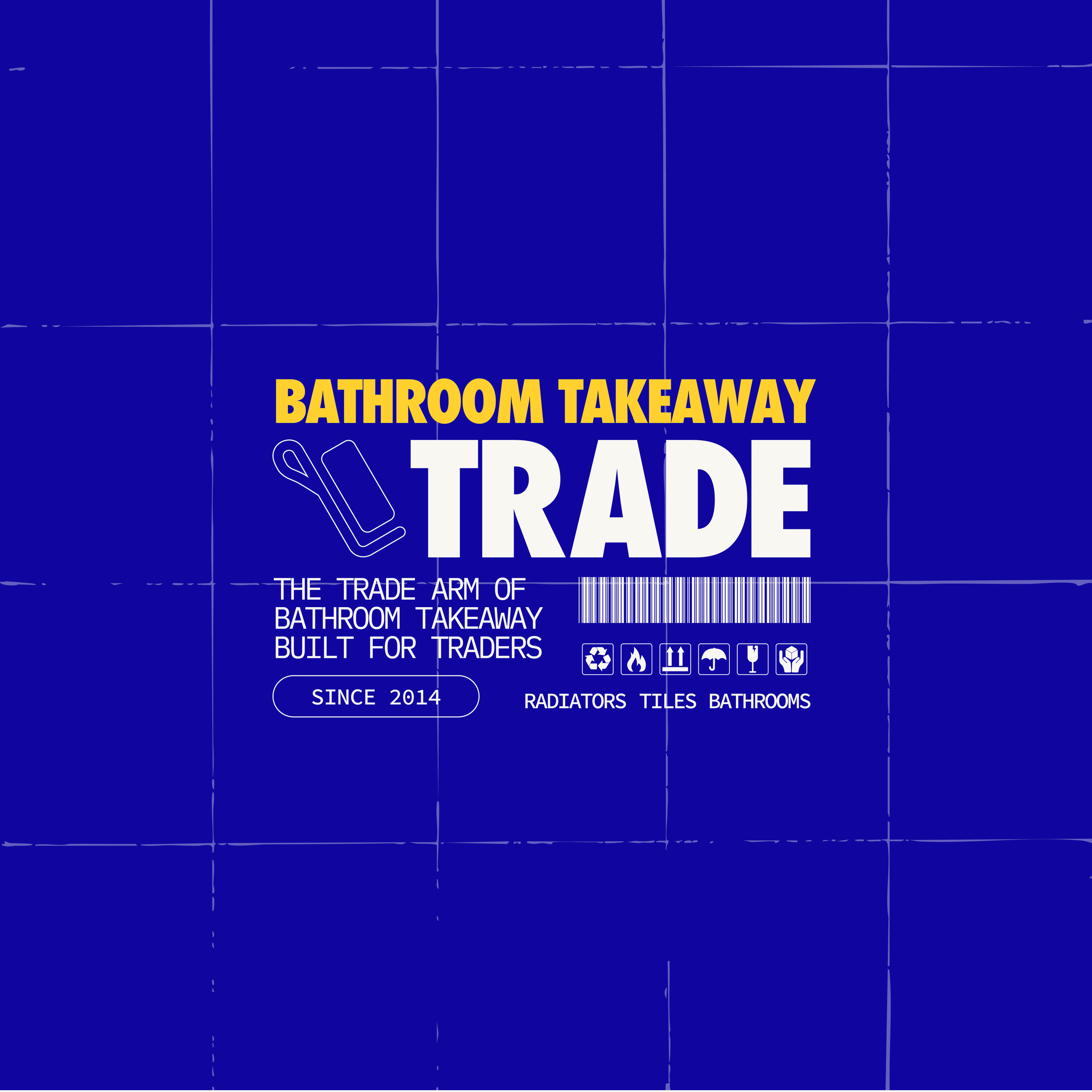 Blue packaging label with yellow and white text reading 'Bathroom Takeaway Trade'. Contains icons for recycling, fire safety, and other symbols, along with text indicating it is for radiators, tiles, bathrooms, and has been made since 2014.