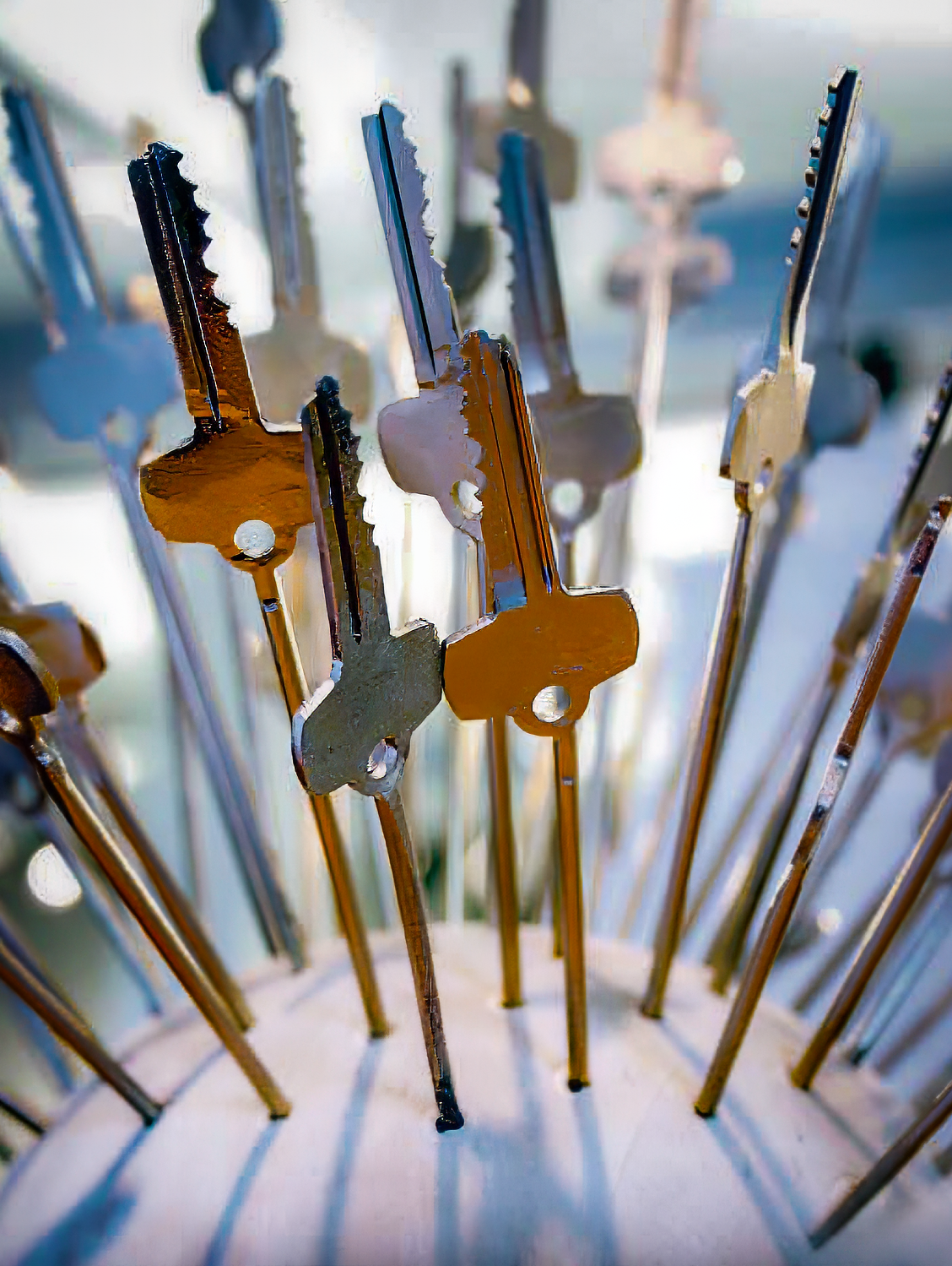 Close-up of multiple metal keys on a white circular stand.