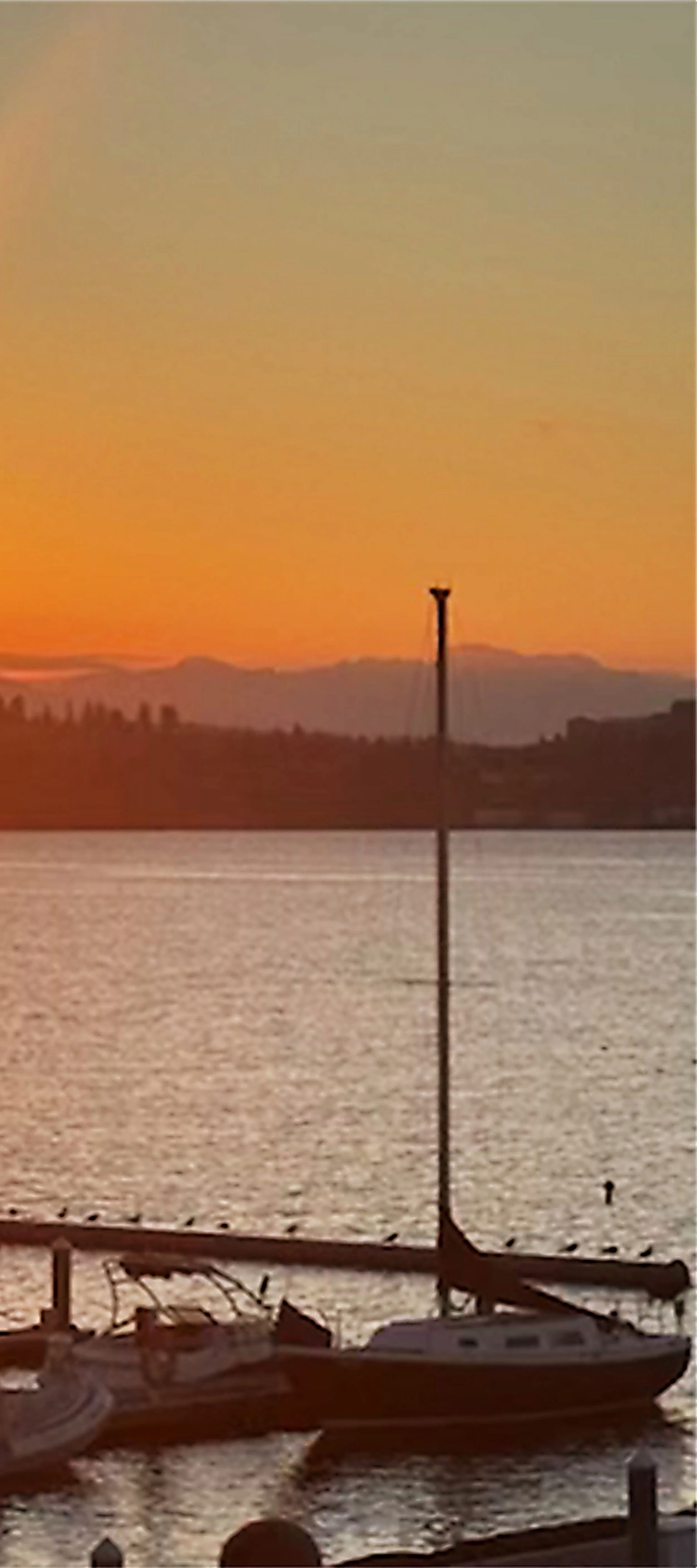 A sailboat docked by a sunset on a body of water, with hills in the background.