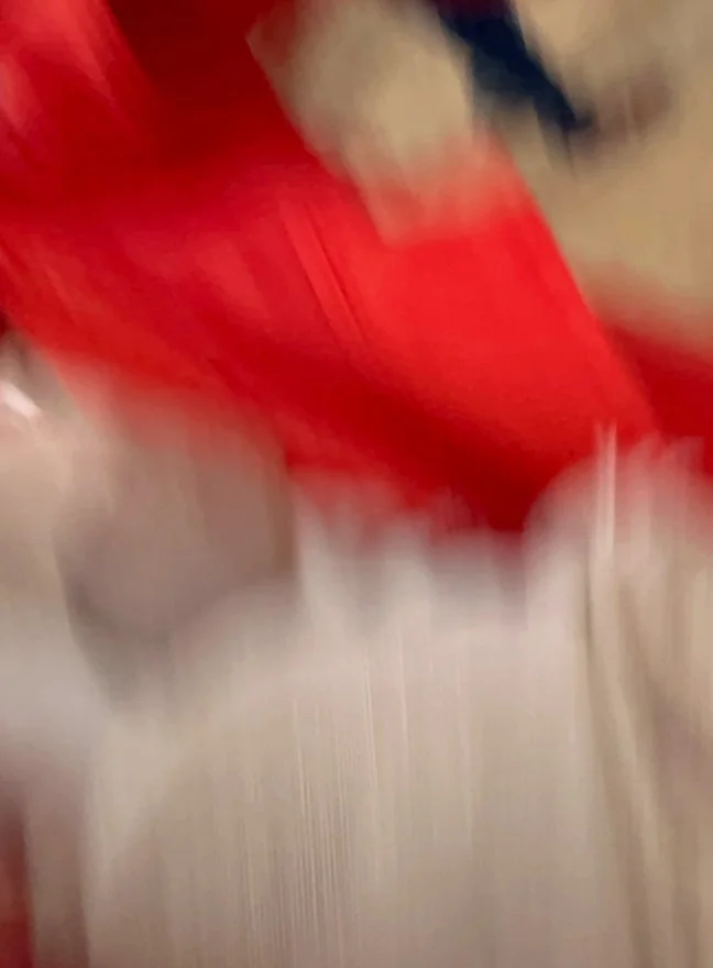 A blurry photo with mostly red and beige colors, difficult to identify specific objects.