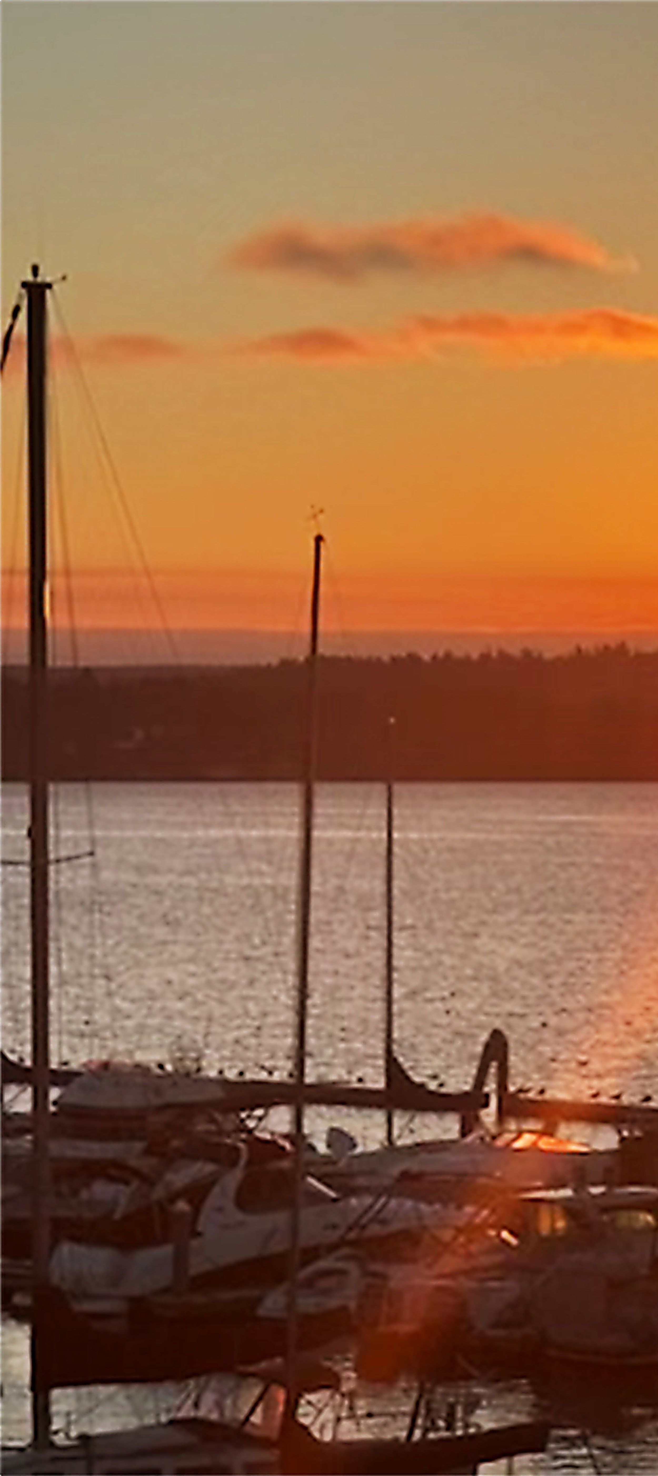 Sunset over a lake with boats docked in the foreground and a boat lift visible, with a partly cloudy sky and silhouetted fishing poles.