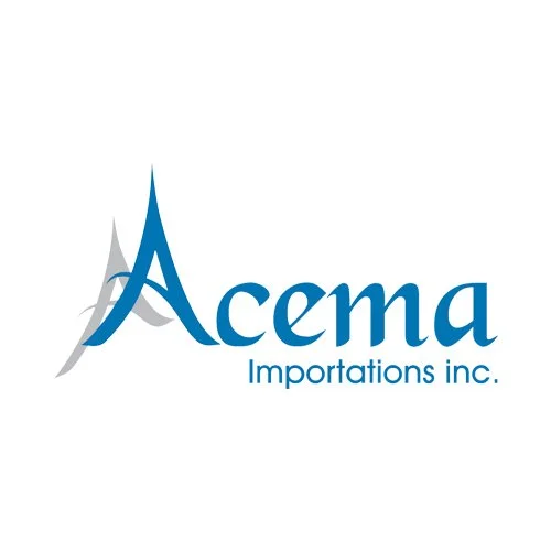 Logo de l'entreprise Acema Importations Inc., avec un symbole stylisé et le nom de l'entreprise en bleu.