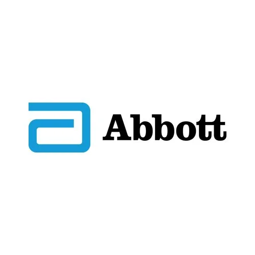 Logo d'Abbott avec un symbole bleu et le nom en noir.