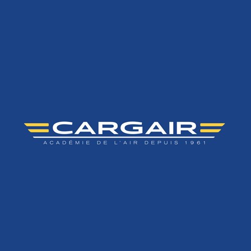 Logo de CARGAIR avec un fond bleu, texte blanc et accents jaunes, mentionnant l'académie de l'air depuis 1961.