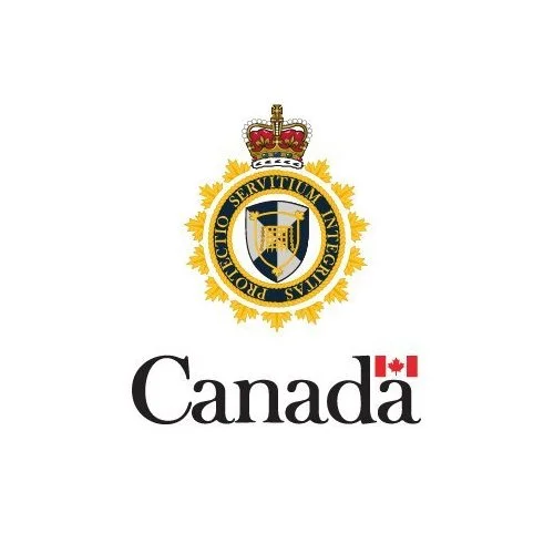 Logo de la police royale du Canada avec une couronne, un bouclier et le mot Canada avec un petit drapeau canadien.