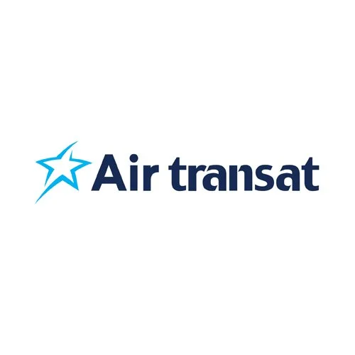 Logo d'Air Transat avec une étoile stylisée en bleu et le texte "Air Transat" en noir.
