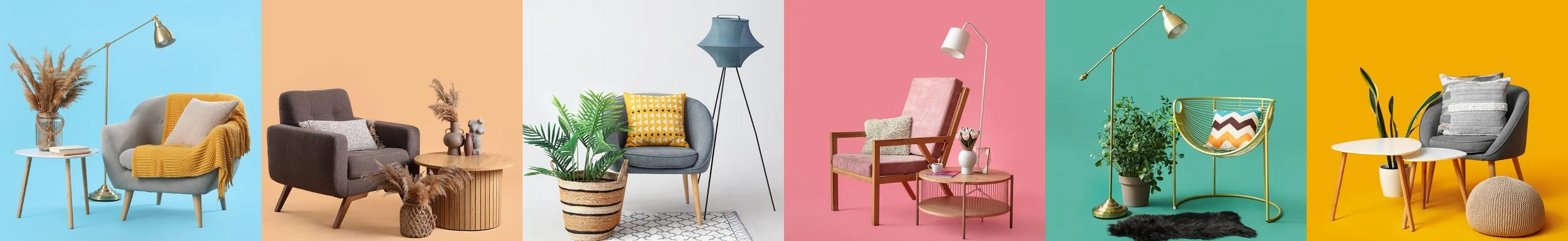 Une série de sept images montrant différents fauteuils et chaises d'intérieur, chacun placé devant un fond de couleur distincte avec des éléments de décoration