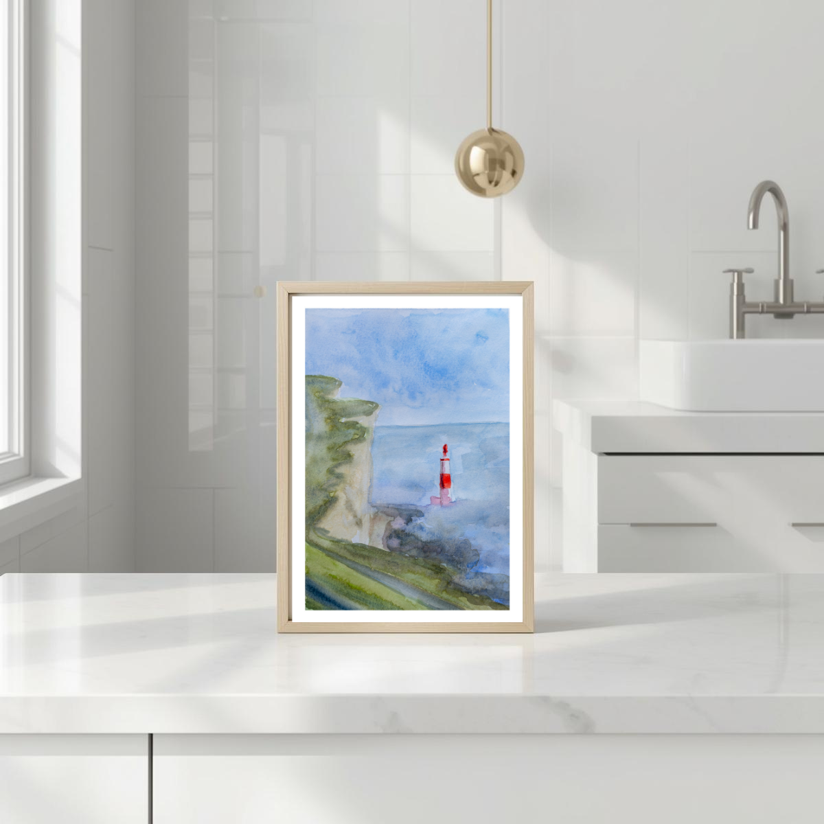 Seven Sisters Cliffs Watercolour Art Print – Beachy Head Lighthouse Wall Decor (A4)