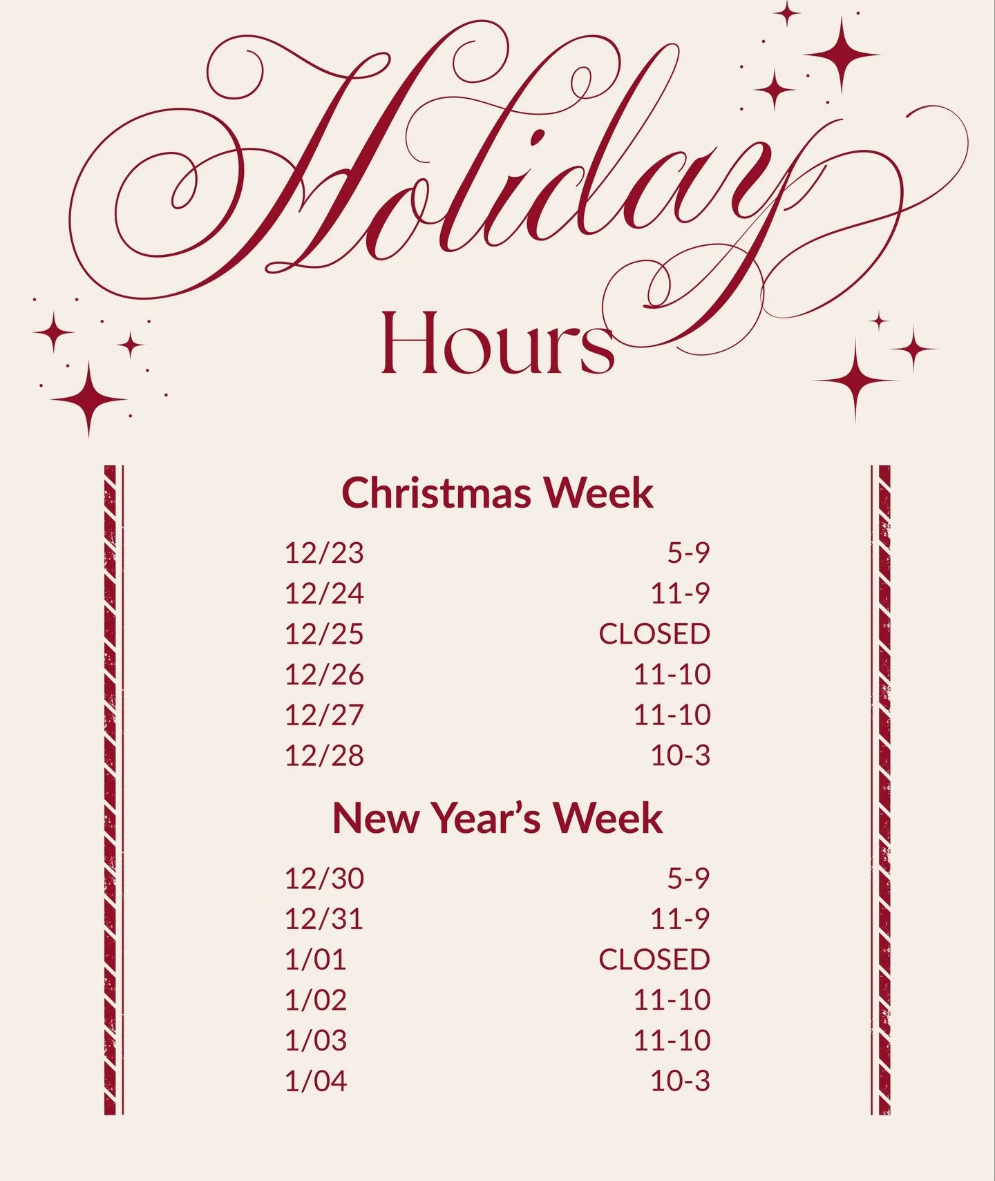 We will be closed Christmas Day &amp; New Year&rsquo;s Day! Other than that, regular hours! Come celebrate with us 🥂✨🌲