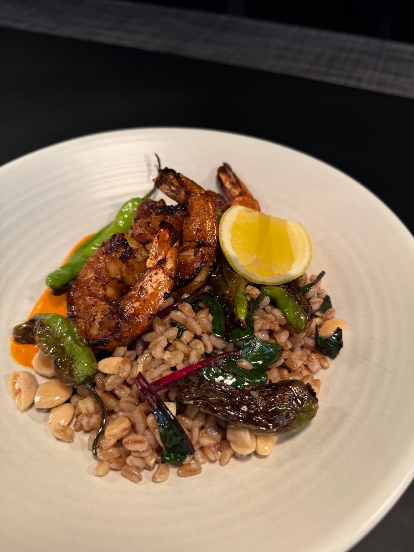 Dinner special: marinated u-8 shrimp, farro, local rainbow chard, blistered shishito, marcona almonds, smoked paprika emulsion - do we need to say more? Come by from 5-10 for dinner this weekend!