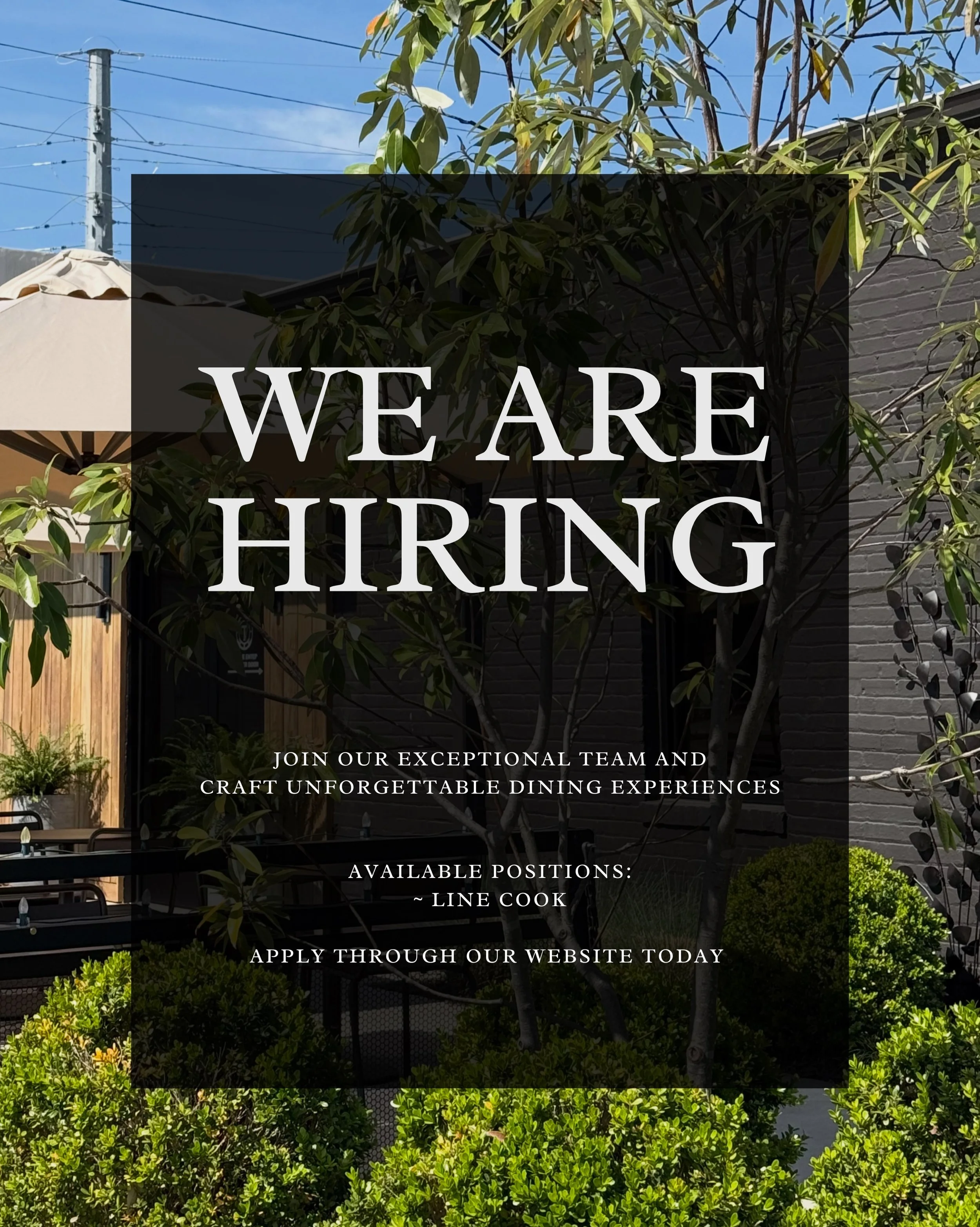 We are looking for a line cook to join our team! Apply through our website today or reach out for more information.