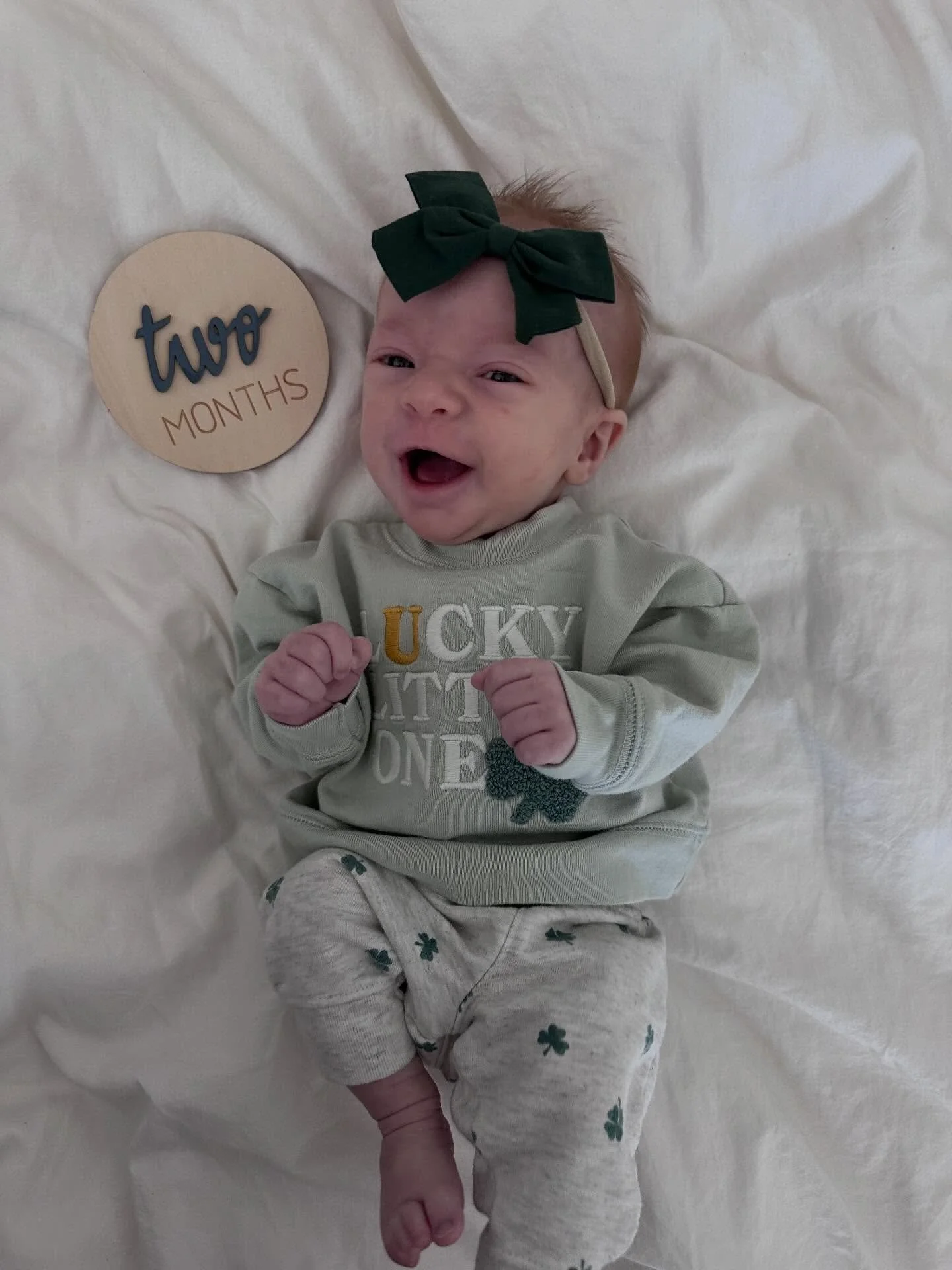 Two months yesterday!! The cutest little leprechaun today! I&rsquo;m one lucky mama ☘️💚🍀