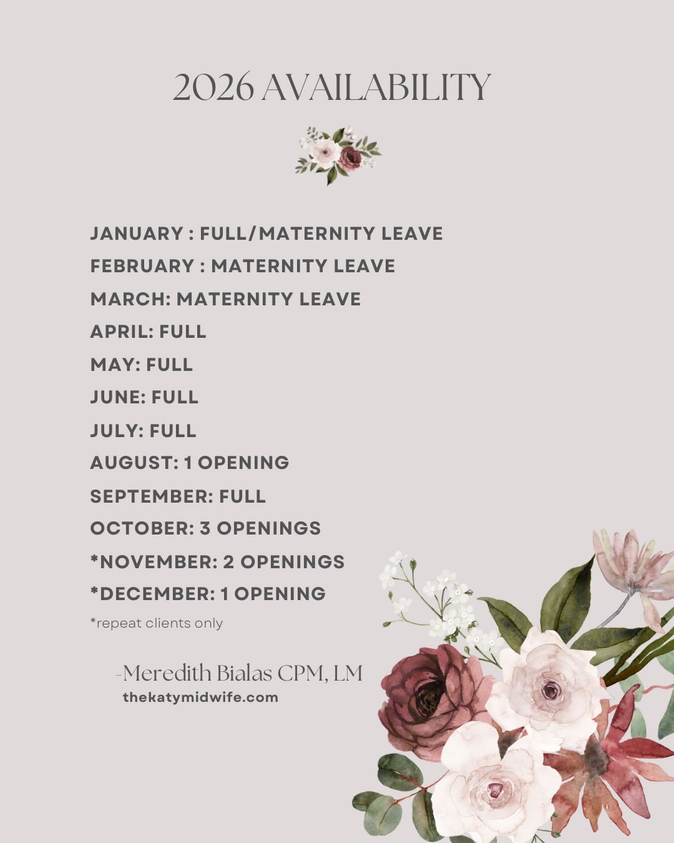 Maternity leave has come to an end! Such a beautiful season bonding with my baby girl! So thankful for those who made it possible. Could not say thank you enough ❤️ here is an update in my availability!! #katytxmidwife #homebirth #homebirthing #midwi