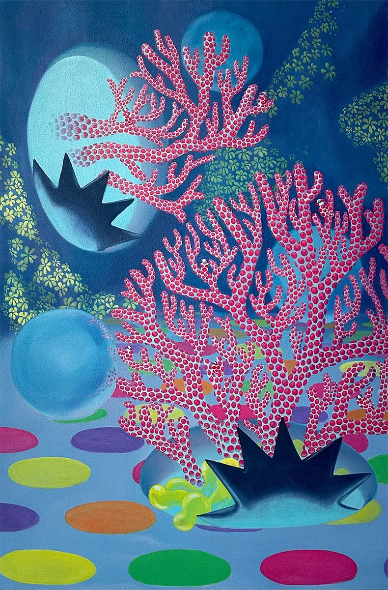 Colorful abstract underwater scene featuring pink coral, blue bubbles, and dark spiked objects on a vibrant dotted ocean floor with green, yellow, orange, and purple spots.