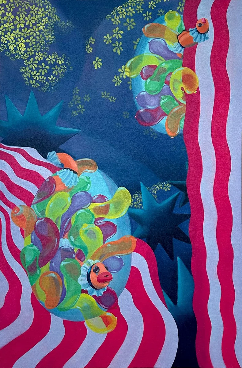 Colorful carnival or festival scene featuring two carnival rides with clown faces, on a red and white striped background with blue star shapes and green clover-like patterns. A punny rendition of clownfish