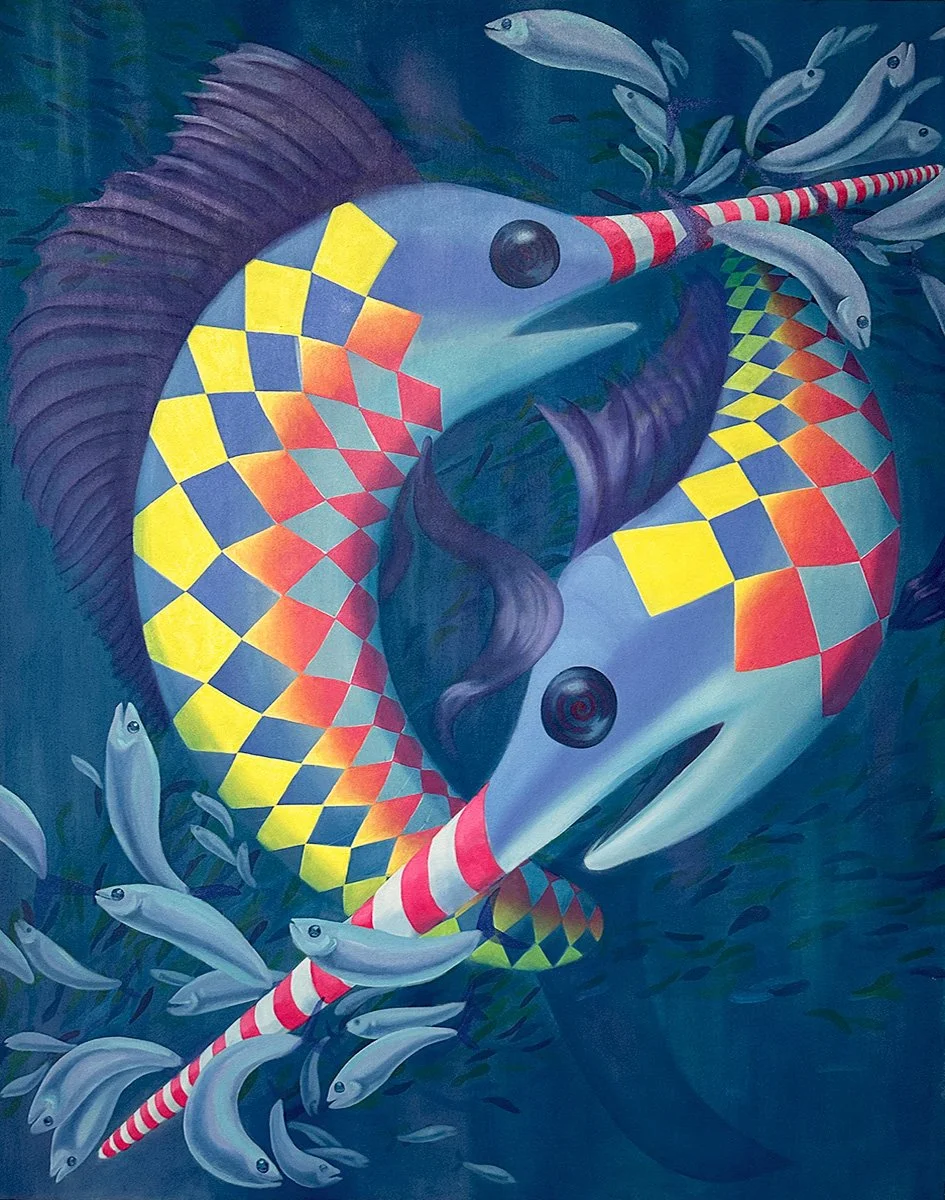 Colorful artwork of a surreal fish with geometric patterned body and a striped horn, surrounded by smaller fish underwater. Sail Fish chase after smaller fish.