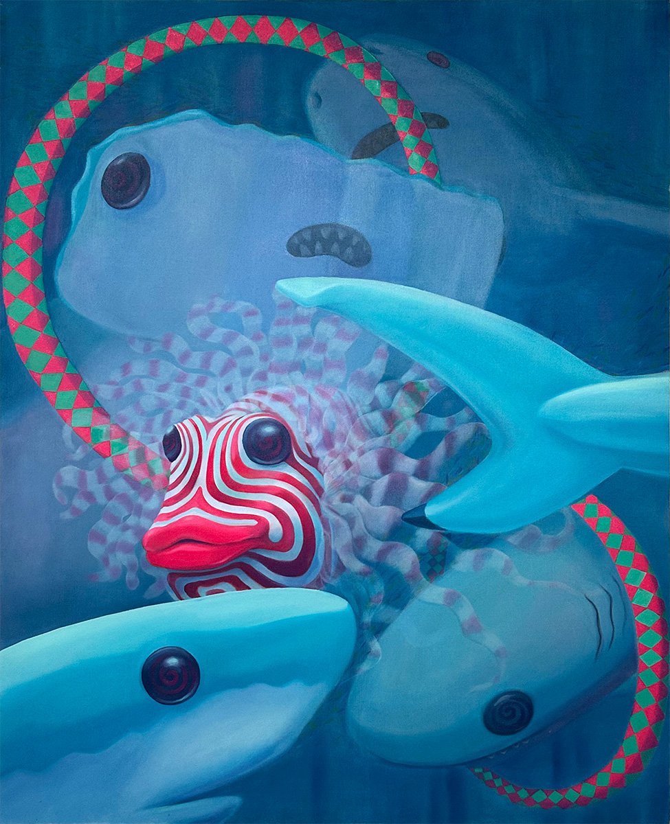 A surreal painting of an underwater scene with fish, decorated with patterns and vibrant colors. The sharks and lionfish are stylized with bold stripes and spirals, featuring a large eyes, surrounded by a patterned, serpentine shape.
