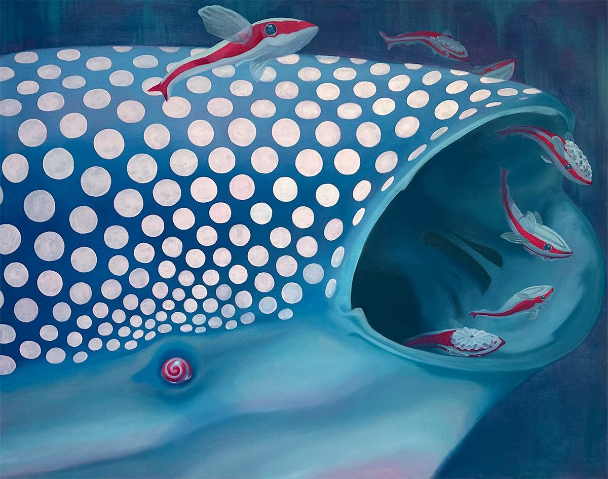 Painting of a whale shark with a blue body covered in white polka dots, with several pink and white fish swimming near its mouth, and a small pink and white spiral shell on its body.
