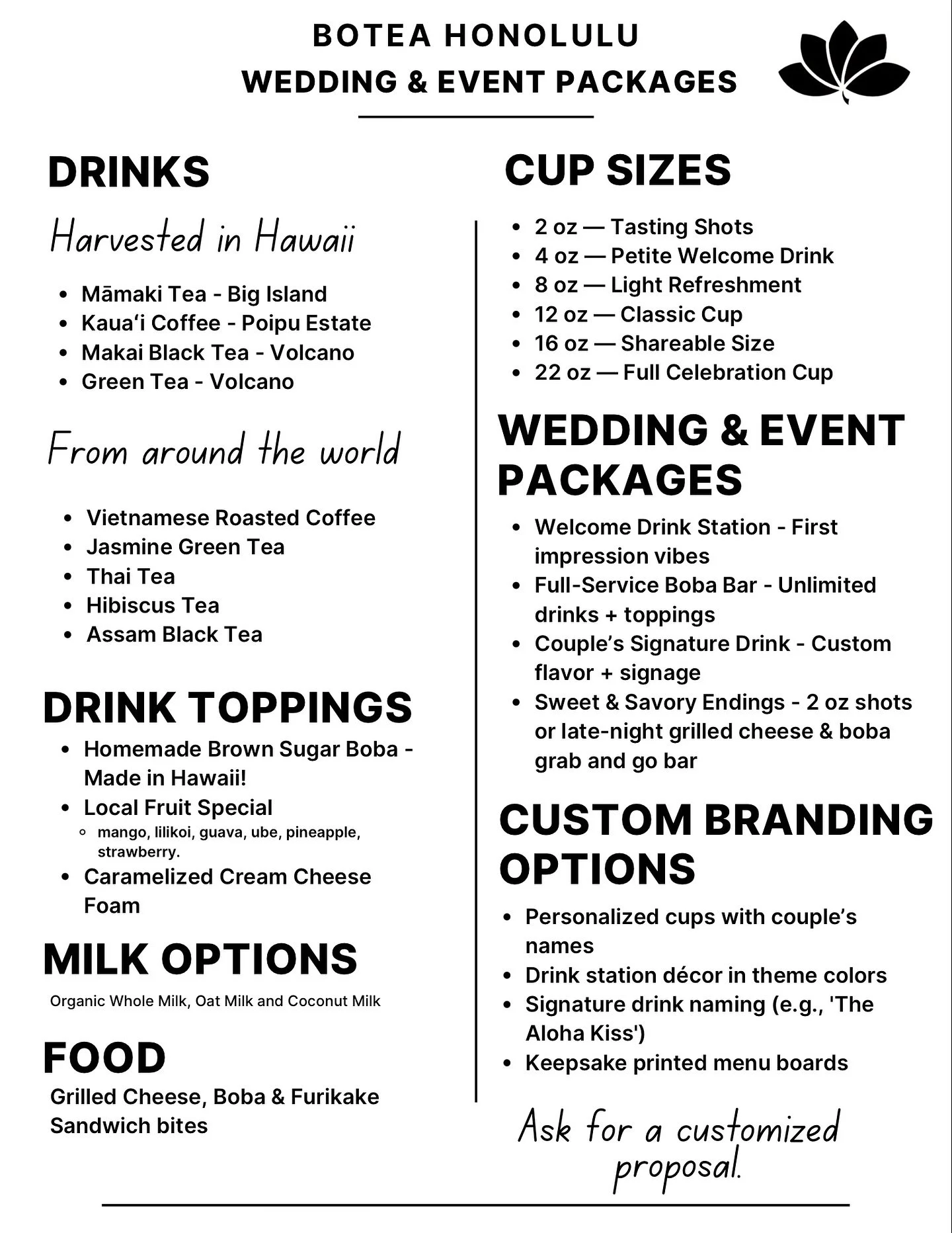 .We love catering events and are always excited to work with clients to plan their special occasions. To help you get started, we&rsquo;ve created a wedding and event packages menu.

Please take a look and let us know your thoughts. We&rsquo;d love t