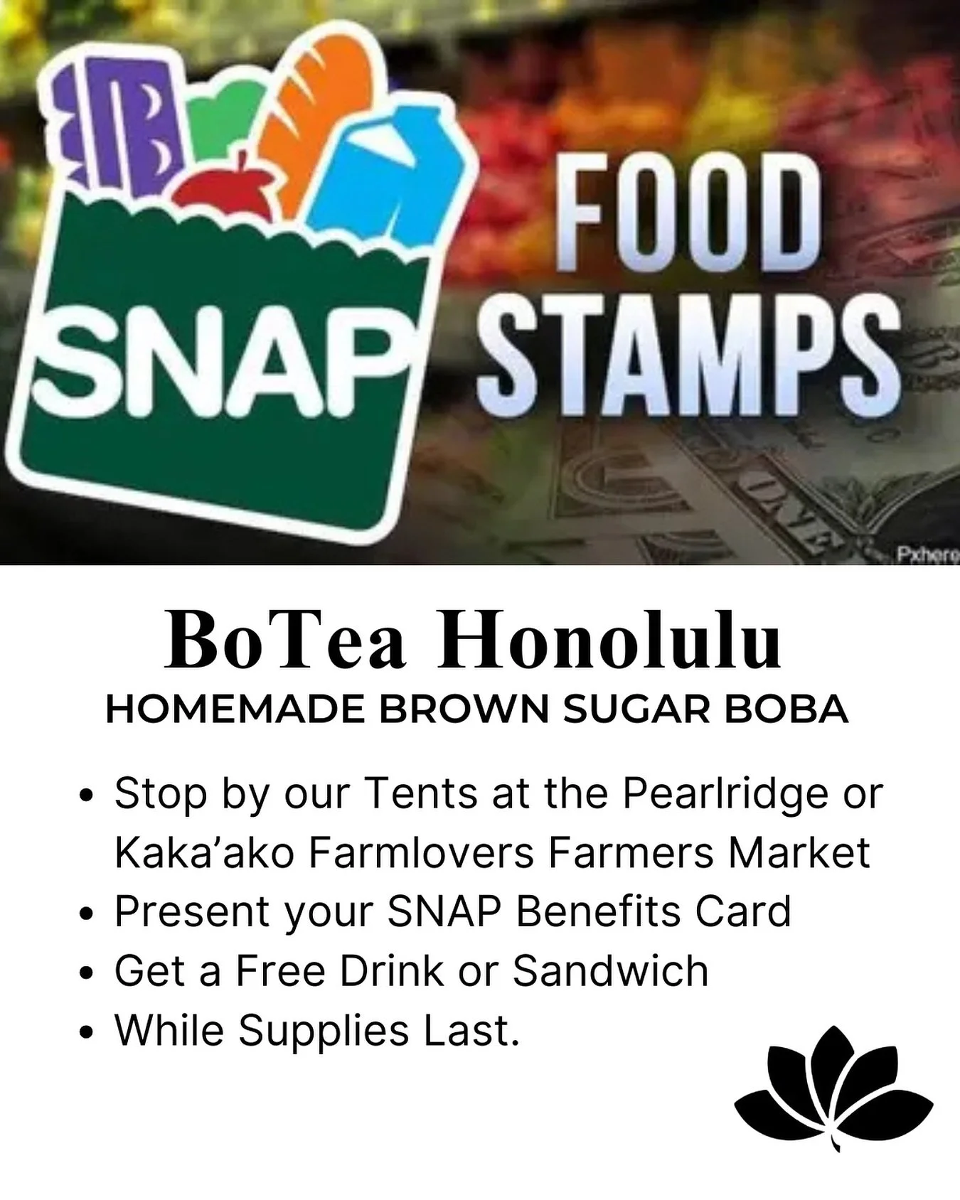 We understand that SNAP benefits are expiring soon, and we want to help. To provide support, BoTea Honolulu is offering a free drink or sandwich to anyone who presents their benefits card.