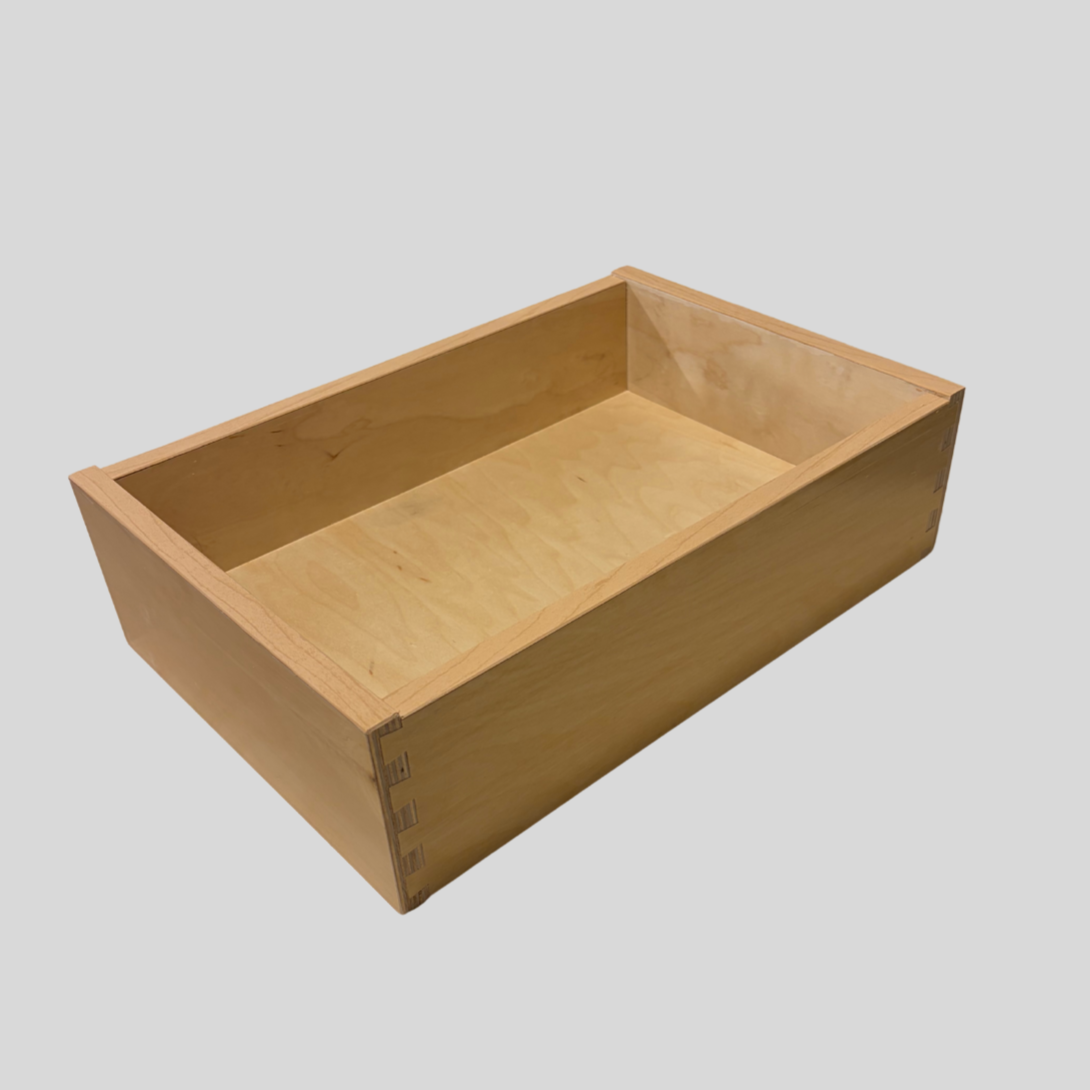 wooden pullout shelf constructed with dovetail joinery with background removed