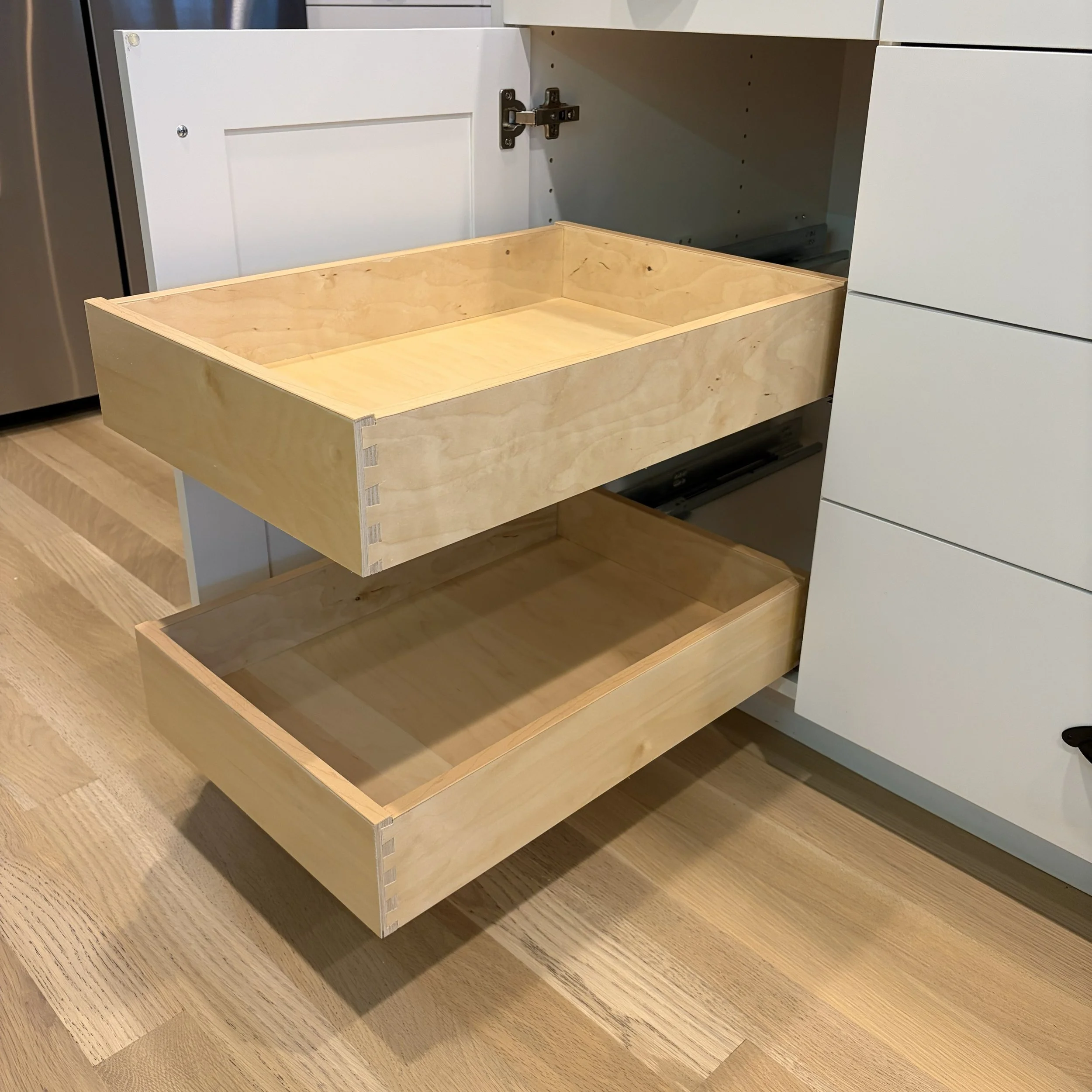 dovetail pullout shelves kitchen base cabinet blum tandem drawer slides