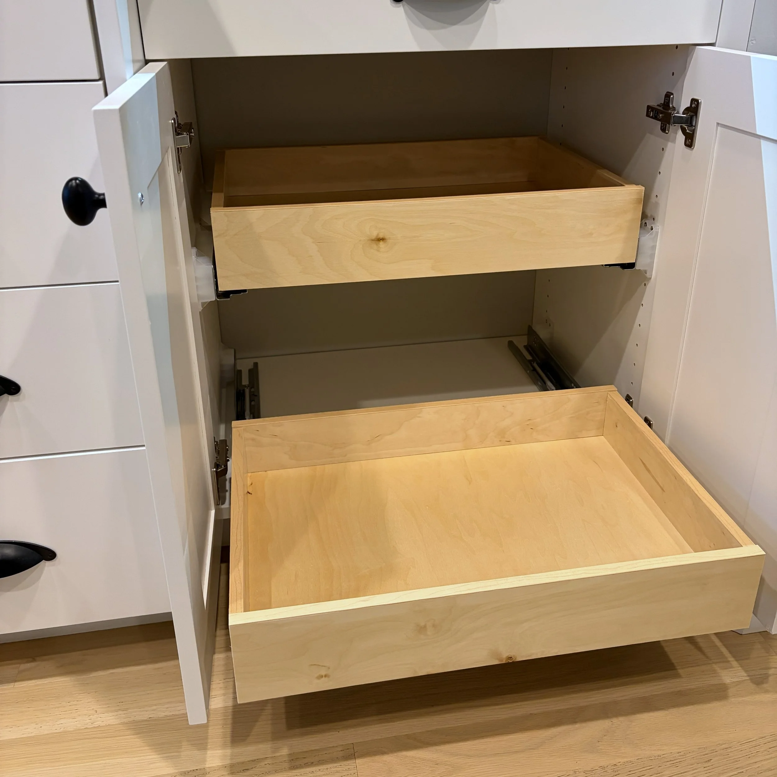 dovetail pullout shelves kitchen base cabinet blum tandem drawer slides