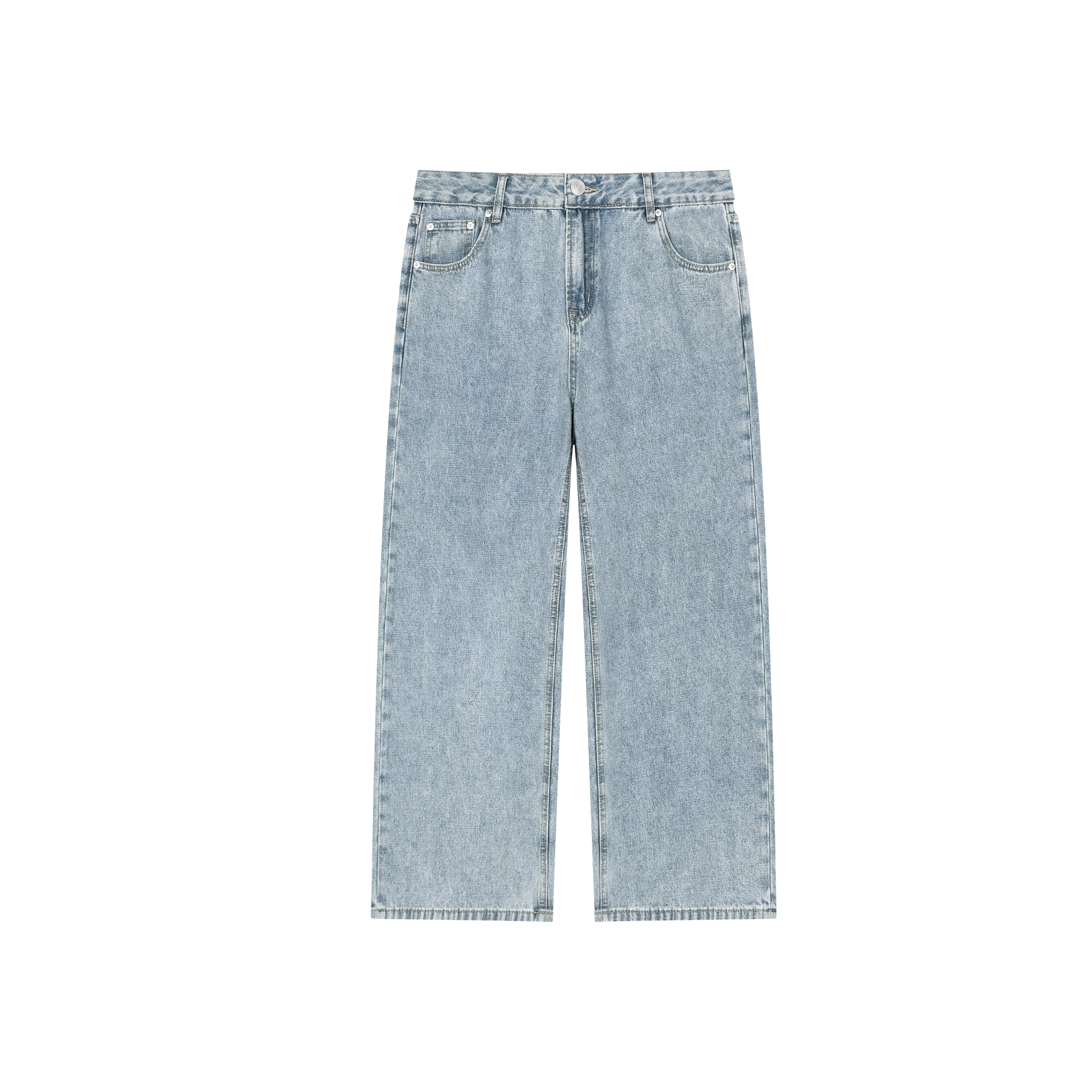 Light blue denim skirt with front pockets, belt loops, and a button closure.