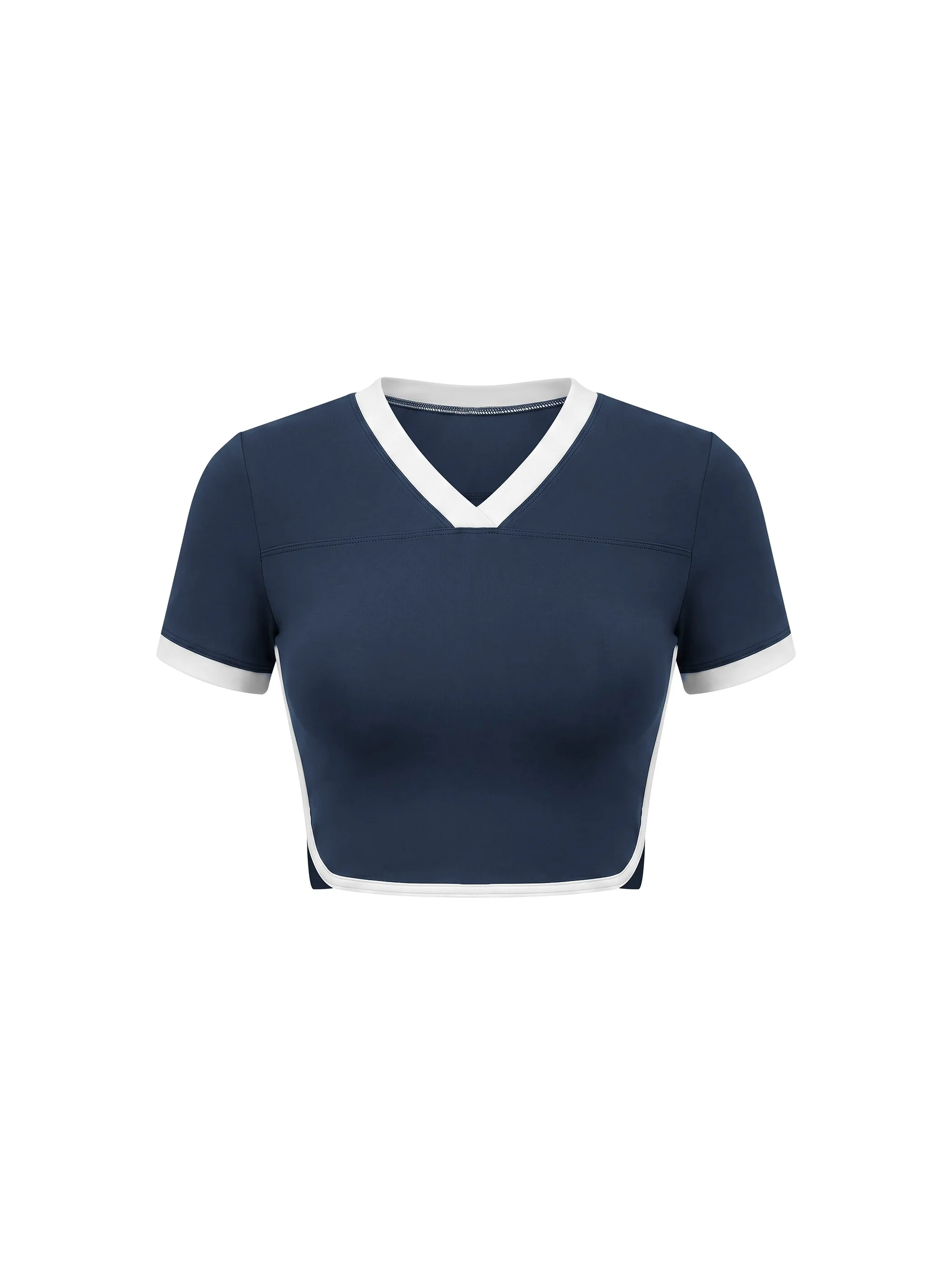 Close-up of a navy blue sports jersey with white trim on the collar and sleeves, displayed against a plain background.
