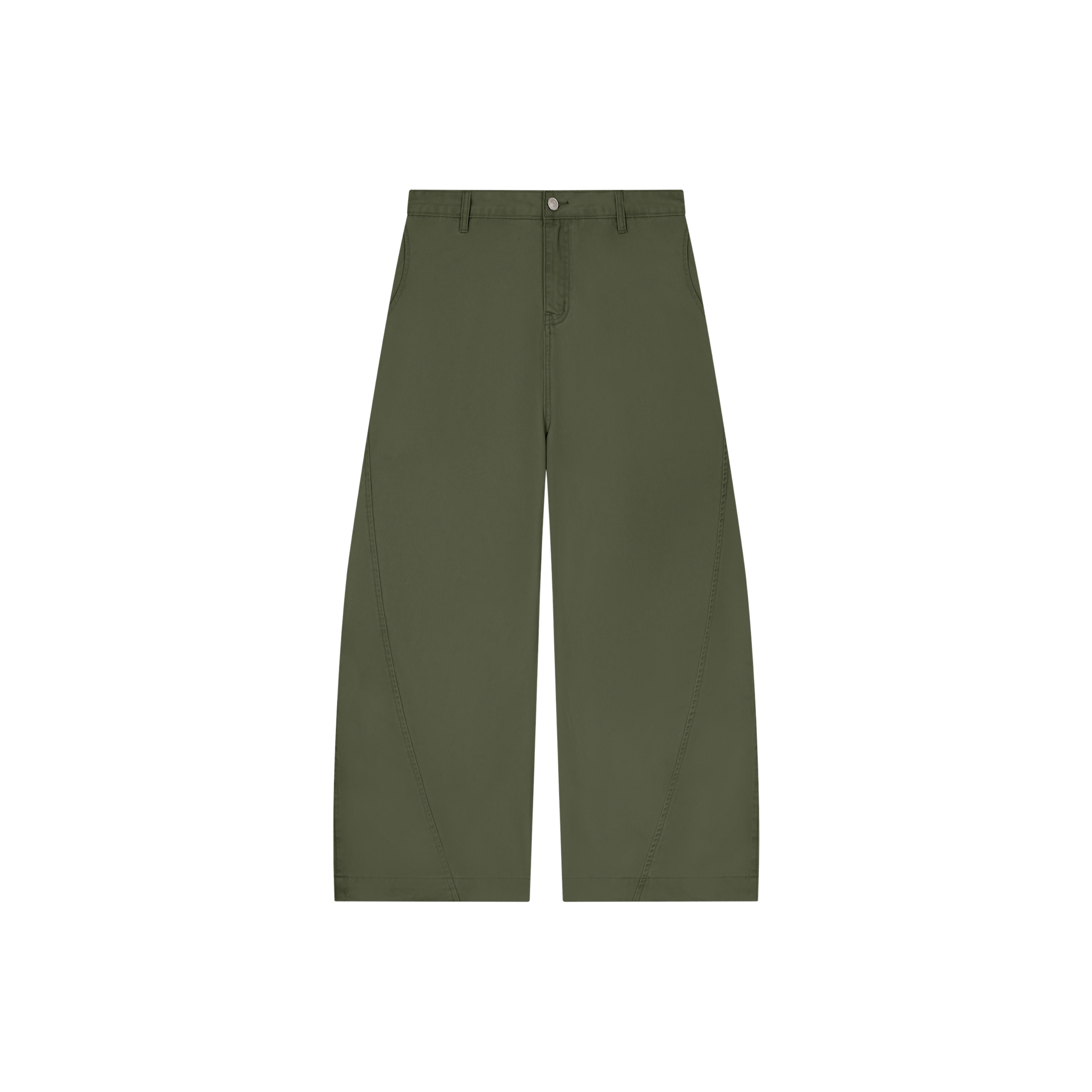 Green pants with front zipper and belt loops against a black background
