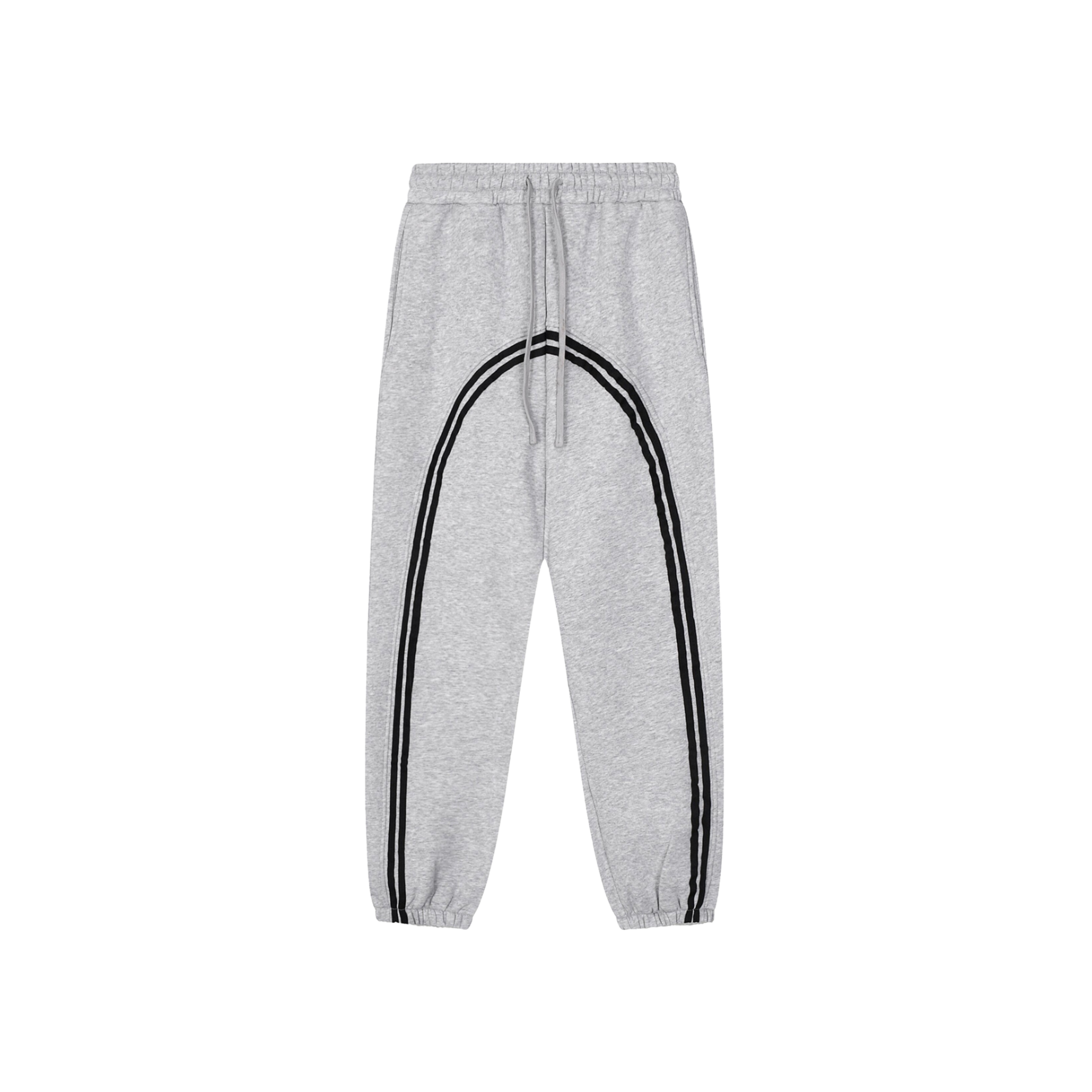 Gray sweatpants with a black rainbow-like design and drawstring waistband.