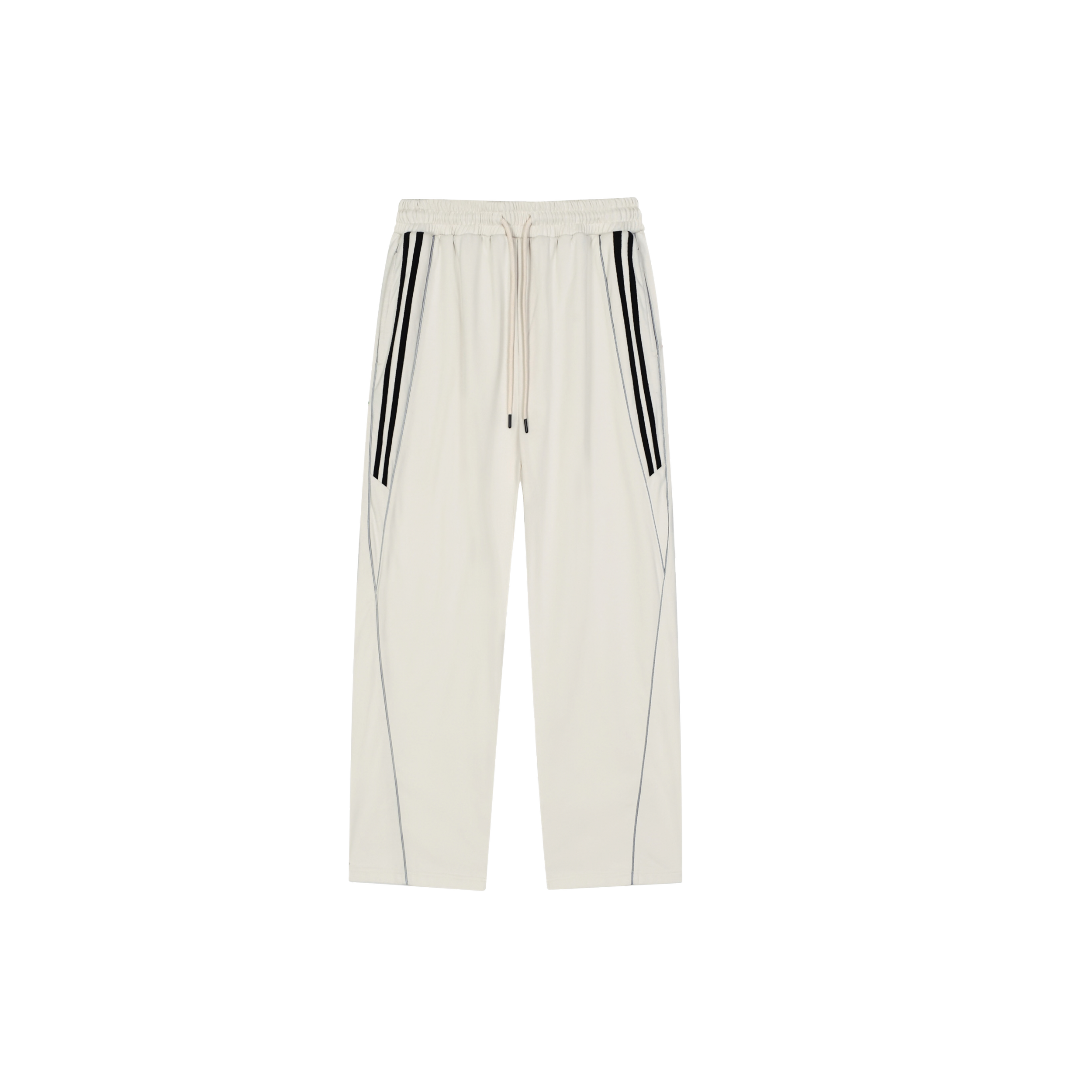 A pair of white athletic pants with black stripes down the sides, hanging against a black and white background.
