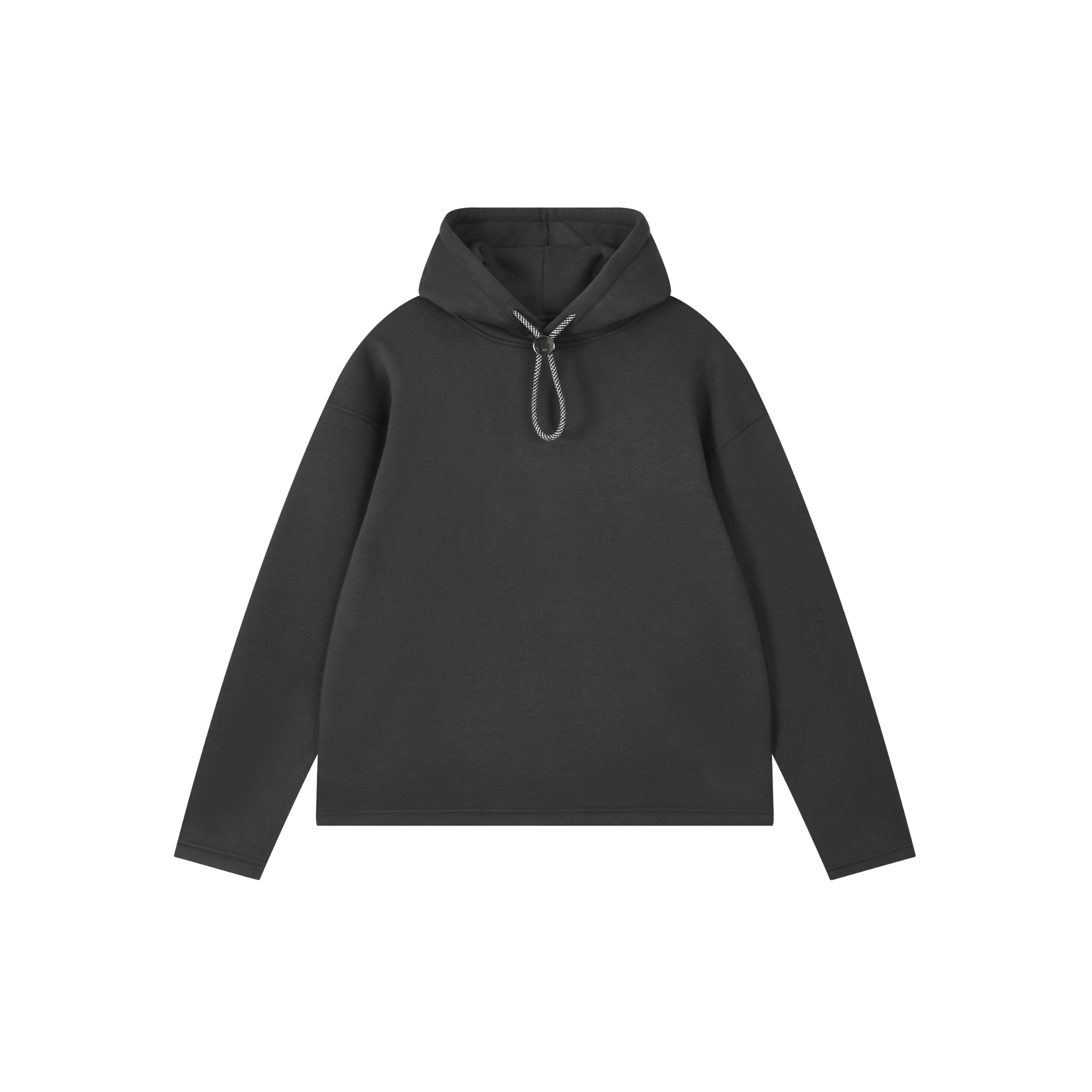 Black hoodie with adjustable drawstrings and a small patch on the left side, displayed against a black background.