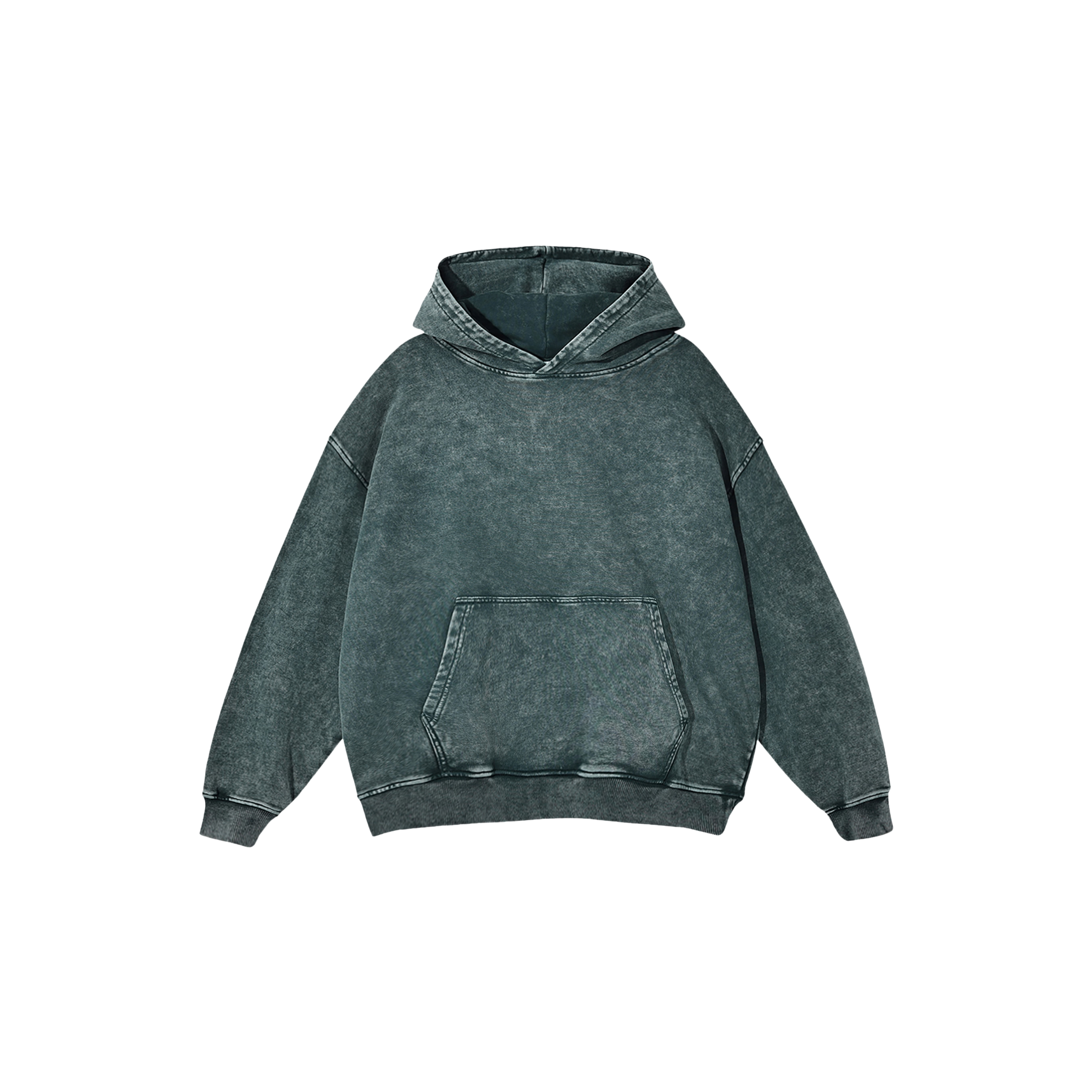 A gray hooded sweatshirt with a front pocket on a black background.