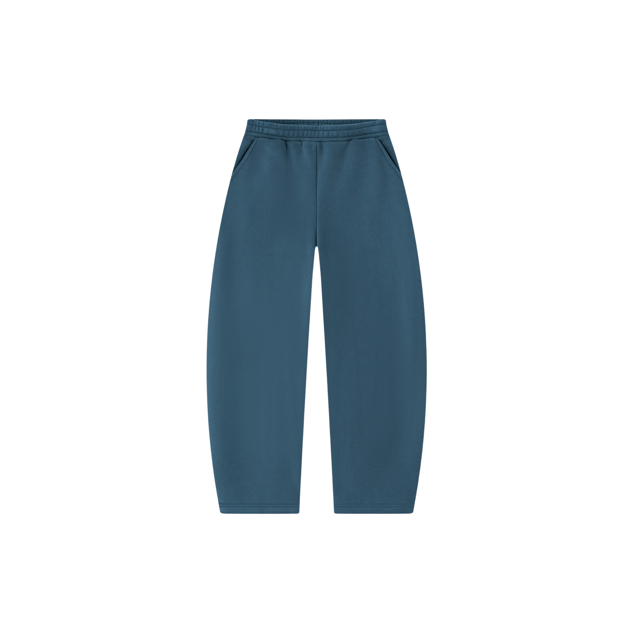 A pair of blue trousers with a wide-leg cut, elastic waistband, and front pockets, displayed against a black background.