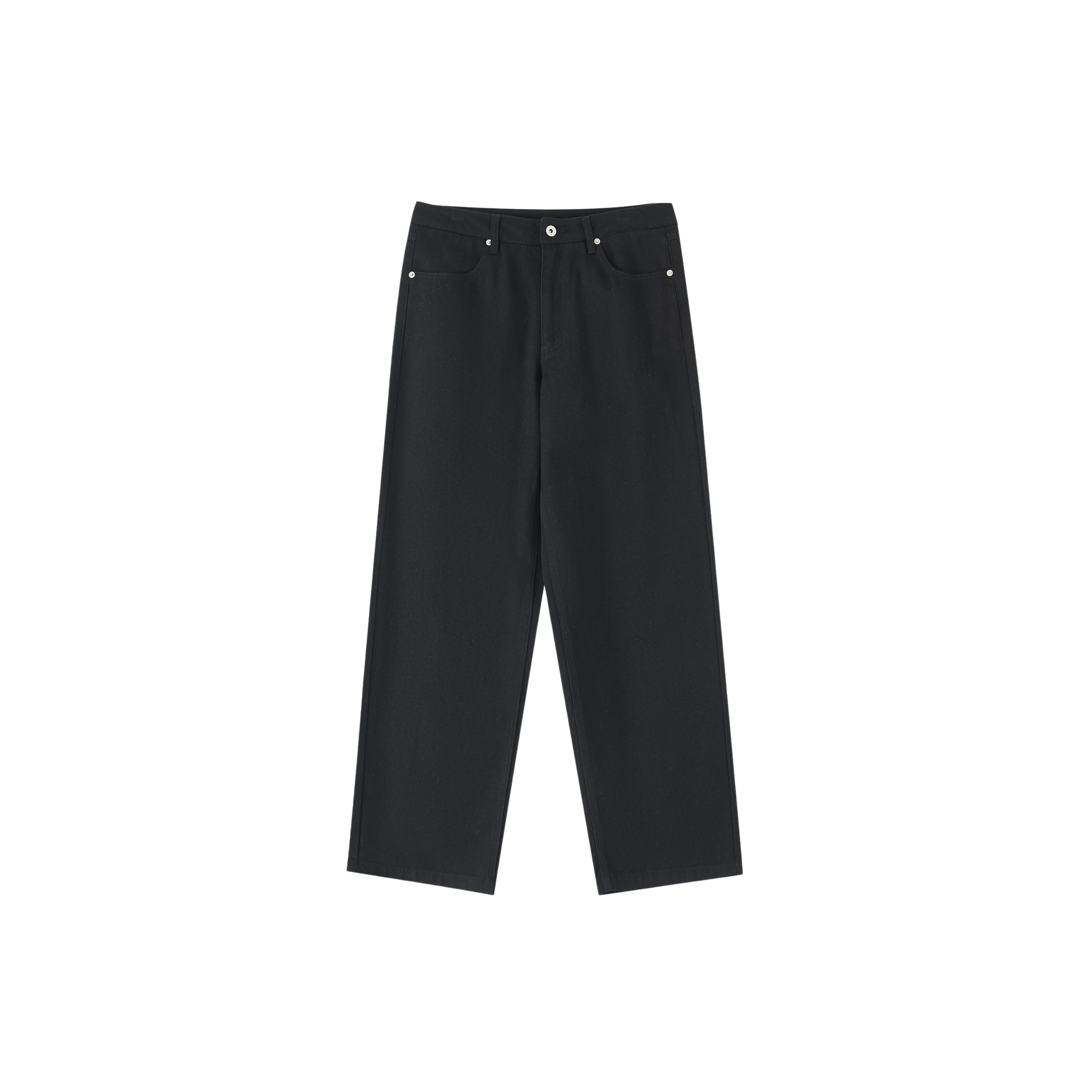 Black wide-leg jeans with five-pocket design and silver rivets, hanging against a black background.