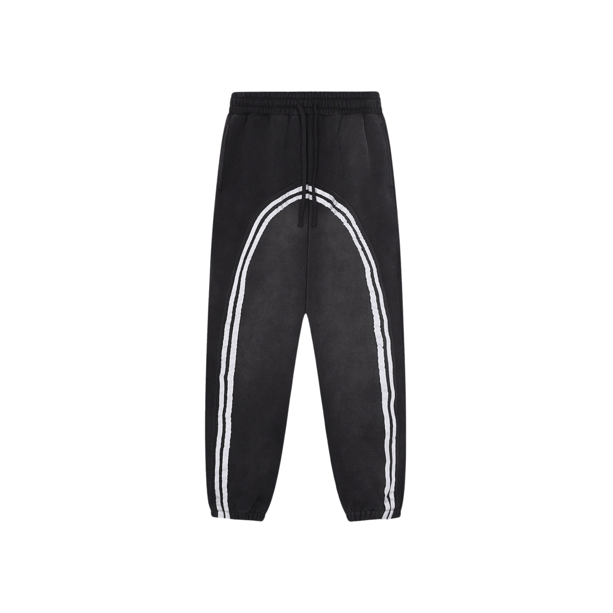 Black athletic pants with white double arch design on the front