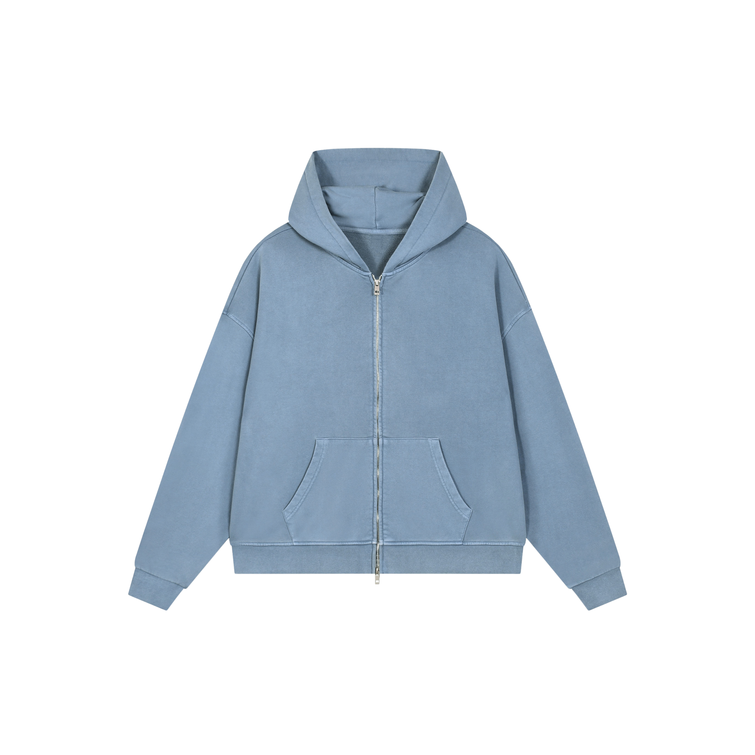 A light blue zip-up hoodie with a hood, zipper in the center, and front pockets.