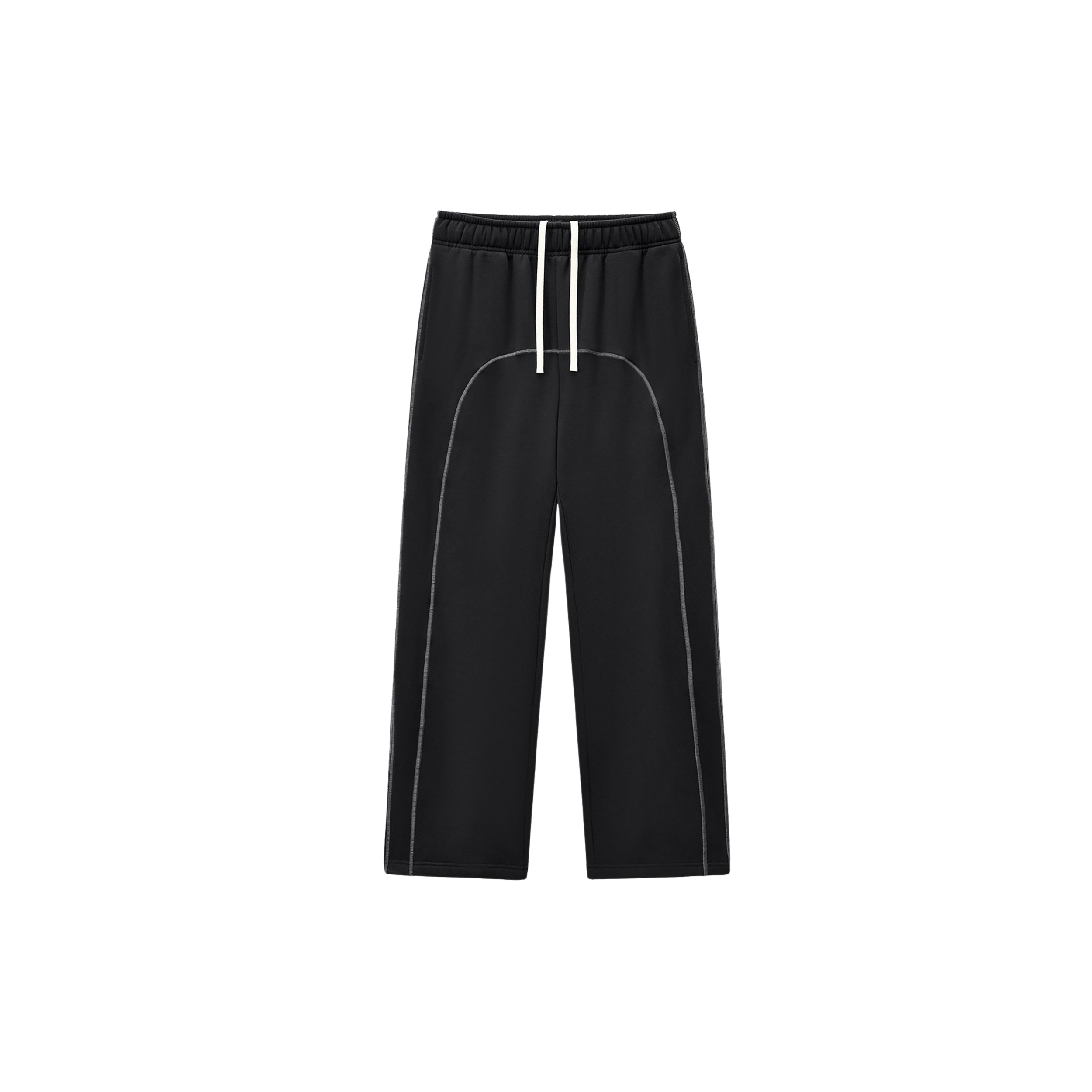 Black athletic pants with white drawstrings and gray stitching details