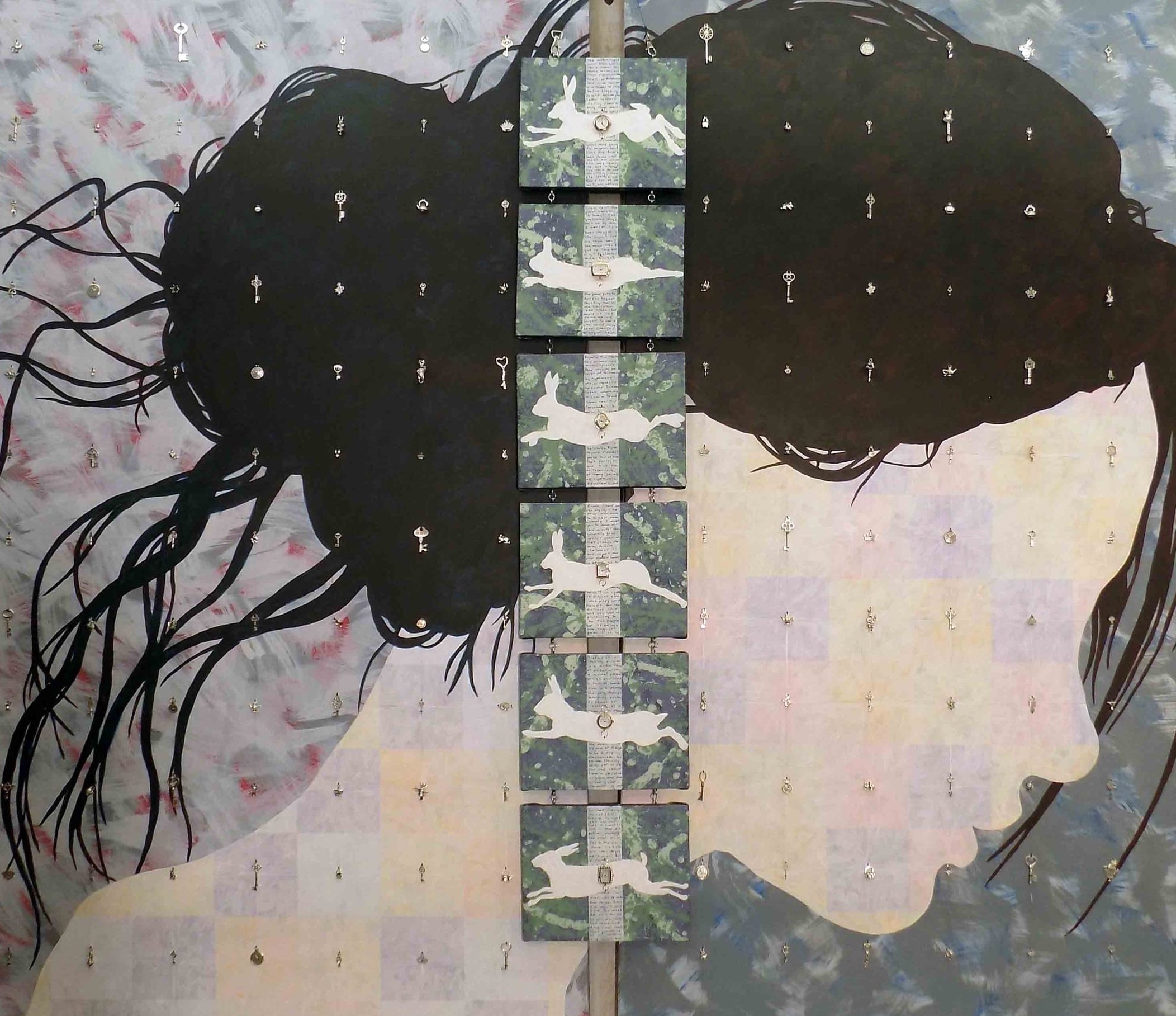 Abstract artwork featuring a silhouette of a person's head with scattered small key shapes, and a vertical series of panels with white animal figures on a textured background.