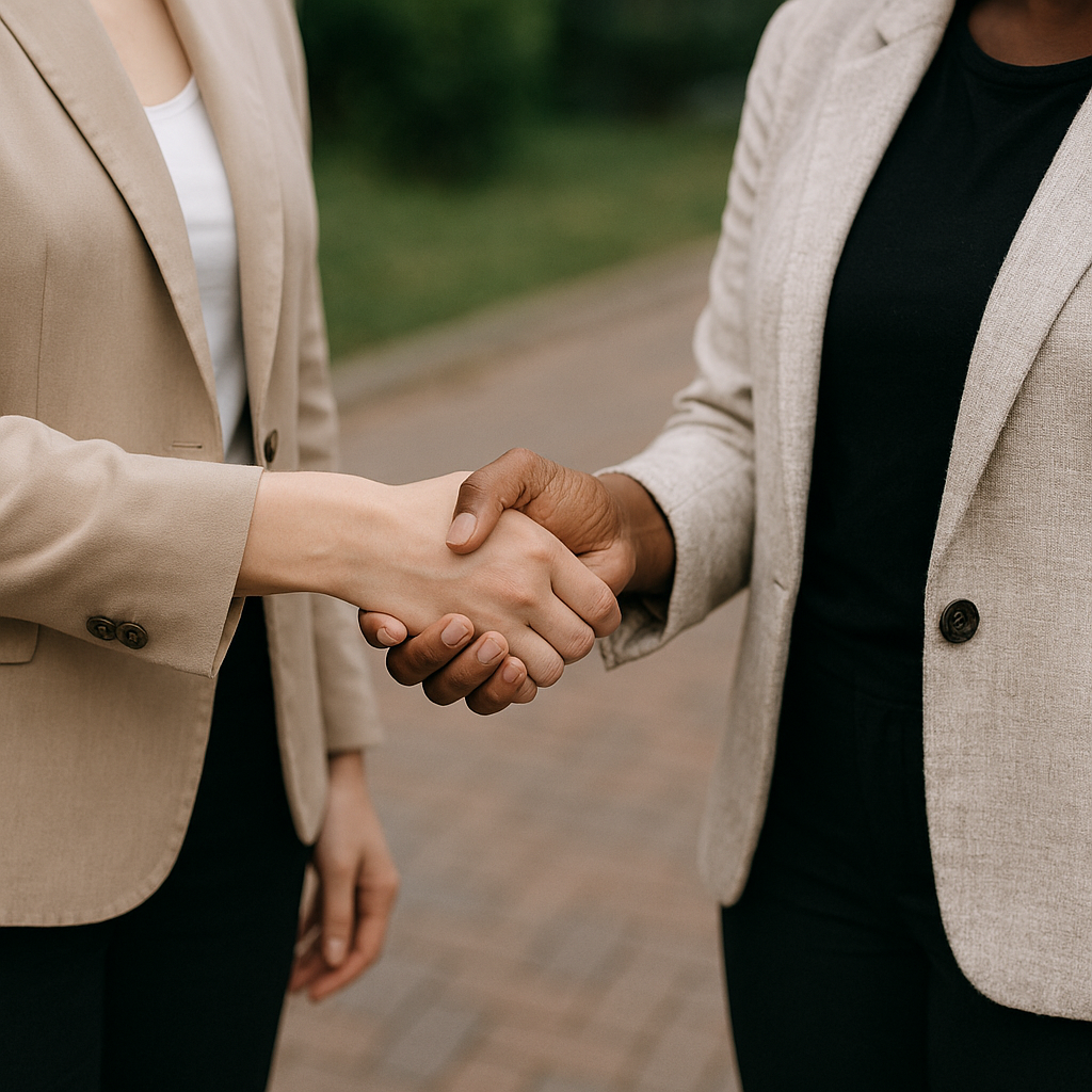 Two people shaking hands, both wearing blazers, outdoors.