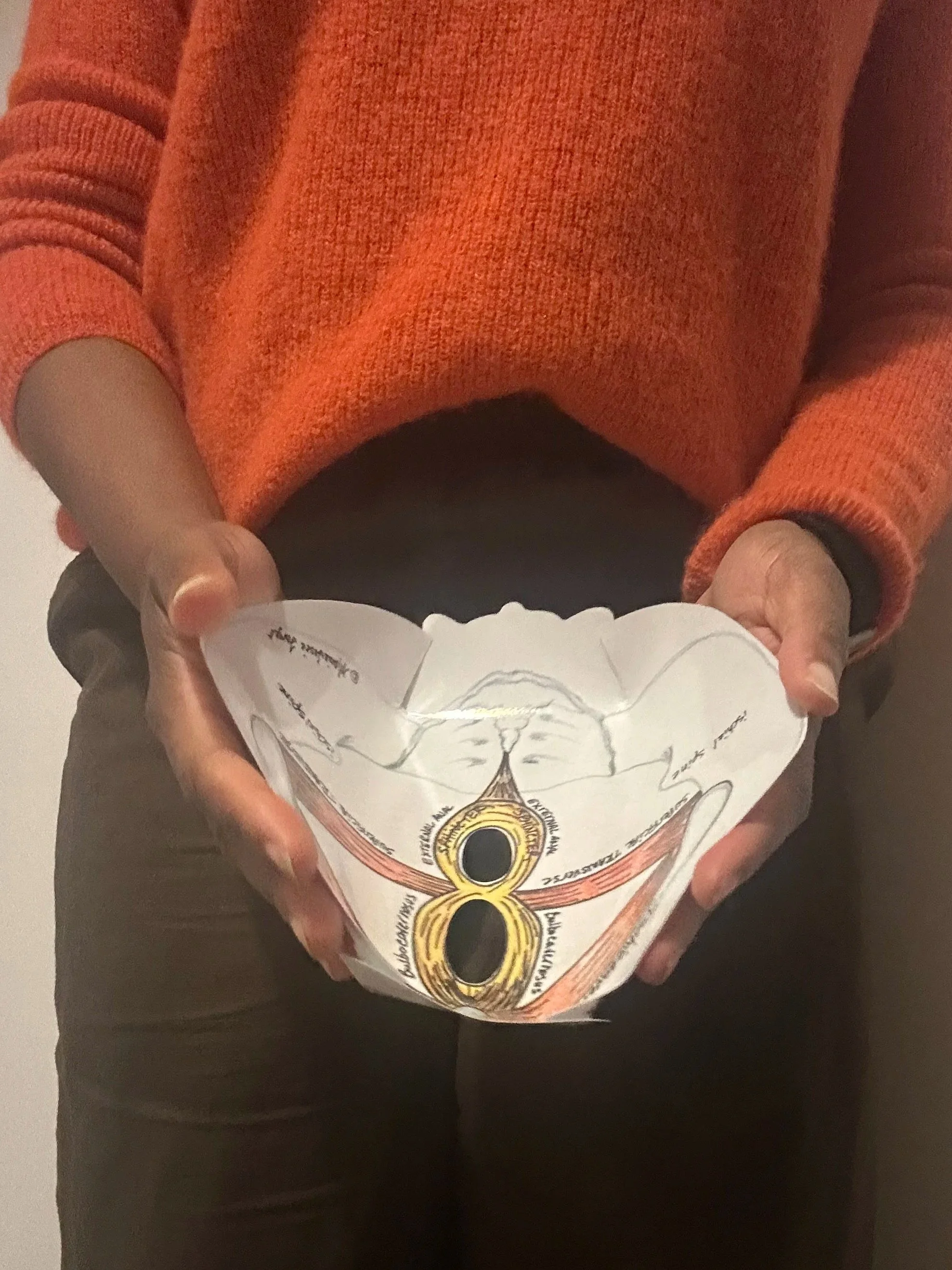 A person wearing an orange sweater holding a paper with a diagram of a human skull and the eye socket.