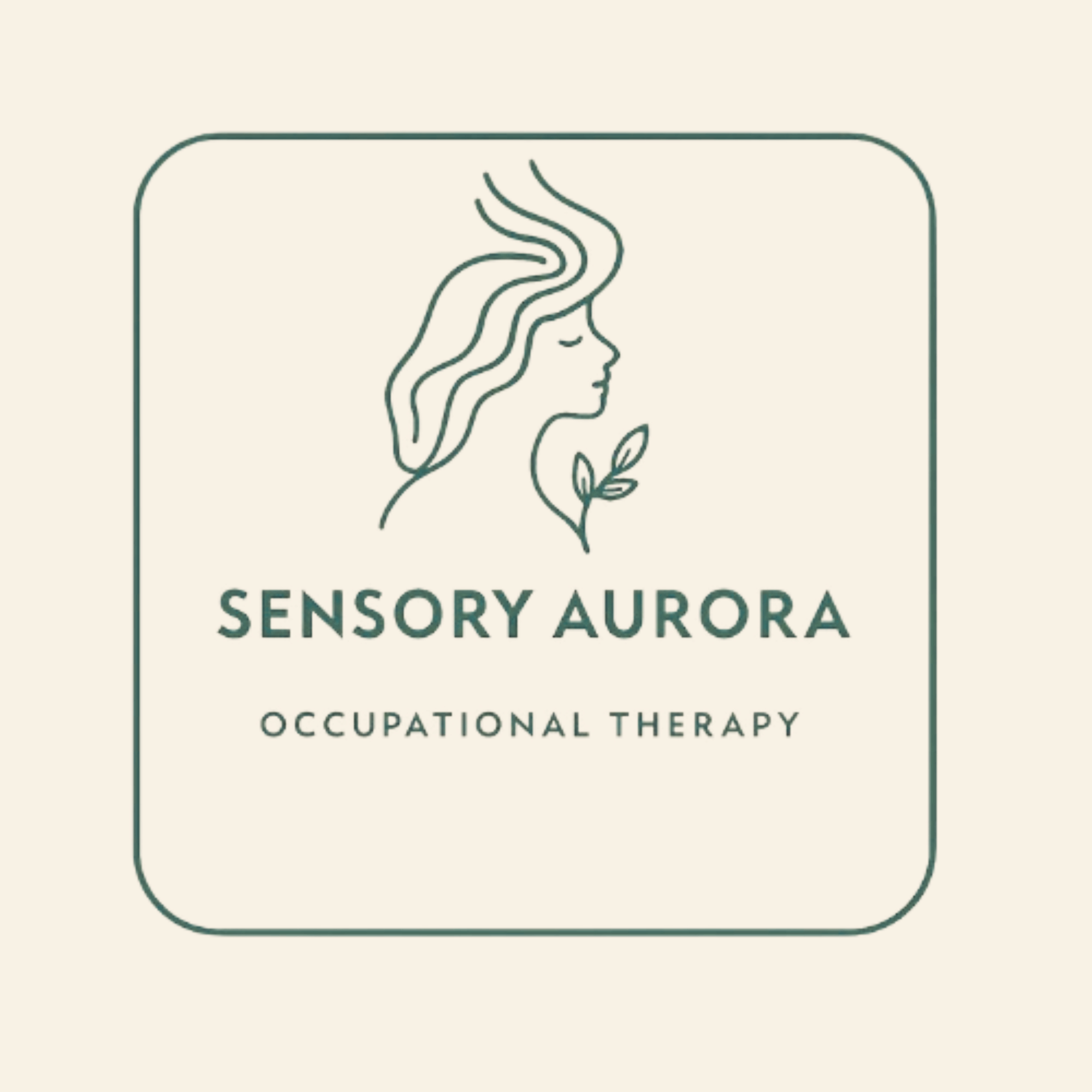 Logo of Sensory Aurora Occupational Therapy featuring a profile of a woman with flowing hair, a leaf, and wavy lines representing sensory elements, on a light background.